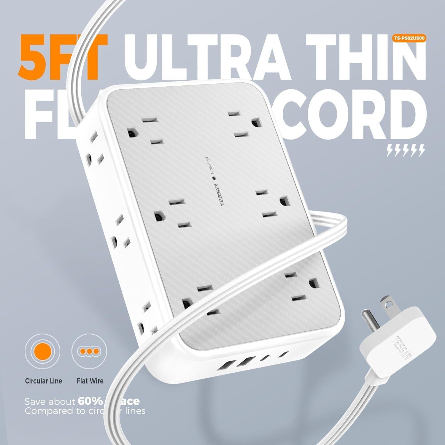 Regleta de Protección TESSAN 12 Salidas AC 4 USB 5FT Gris