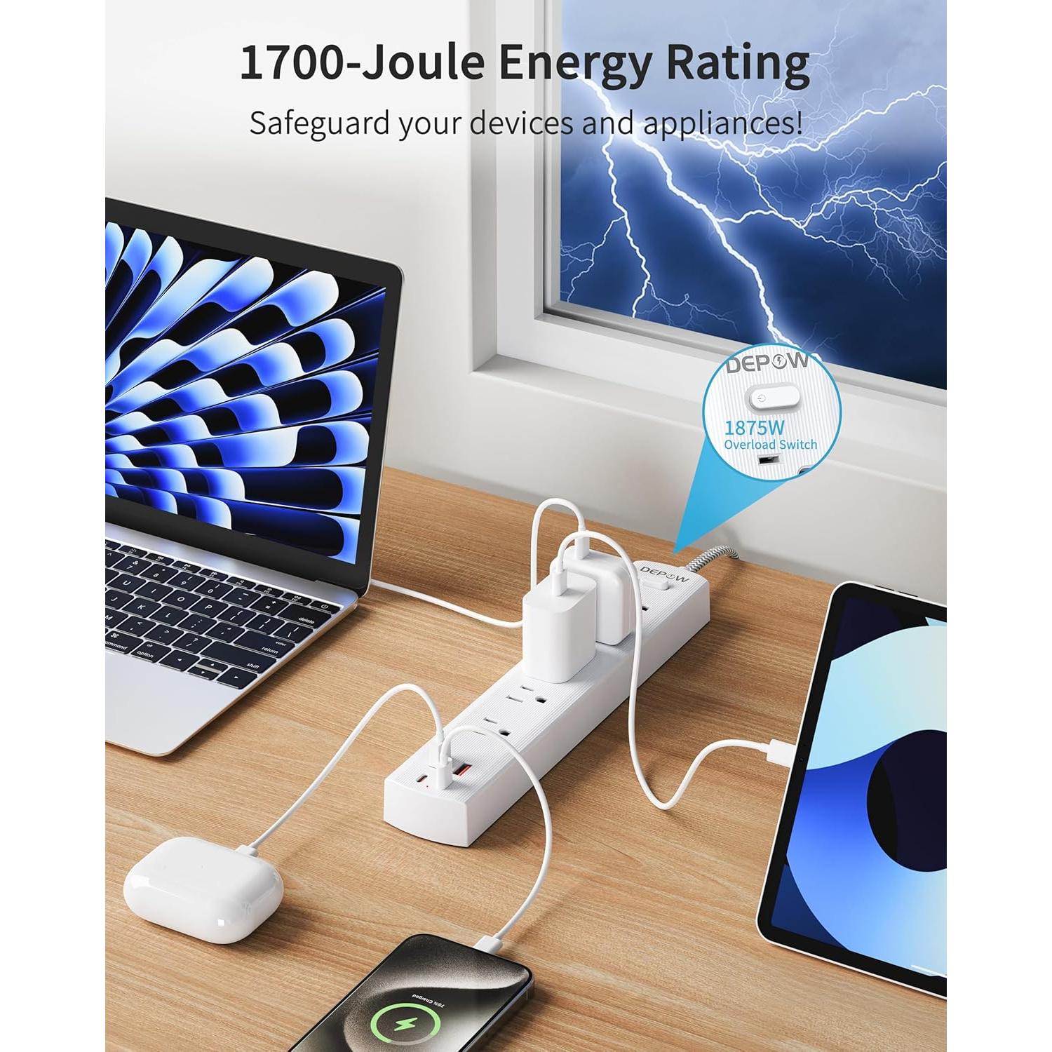 Adaptador de Enchufe 2 a 3 Clavijas DEPOW con 5 AC y 4 USB