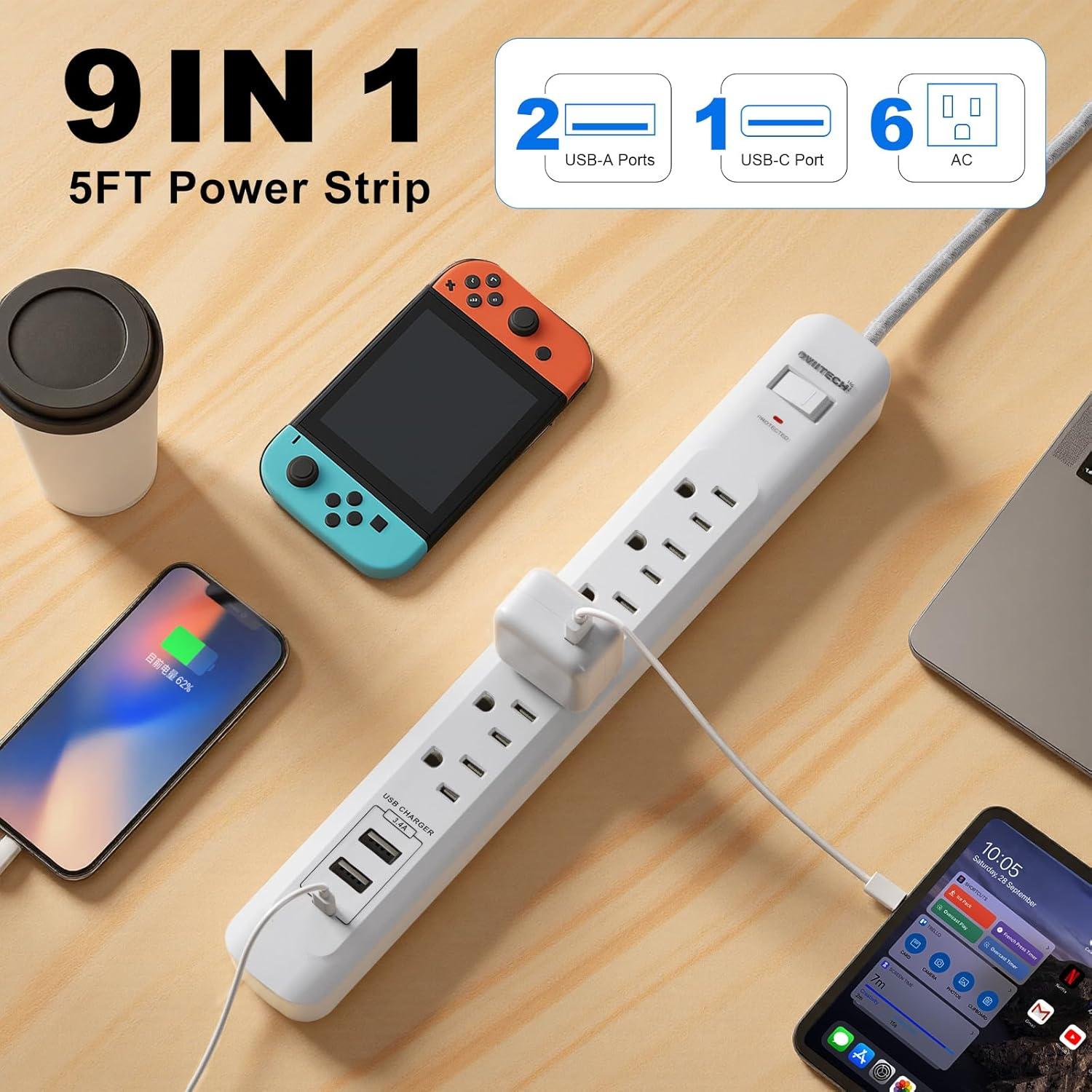 Regleta de Sobretensión Oviitech 6 Salidas 3 USB 1.5m Blanca