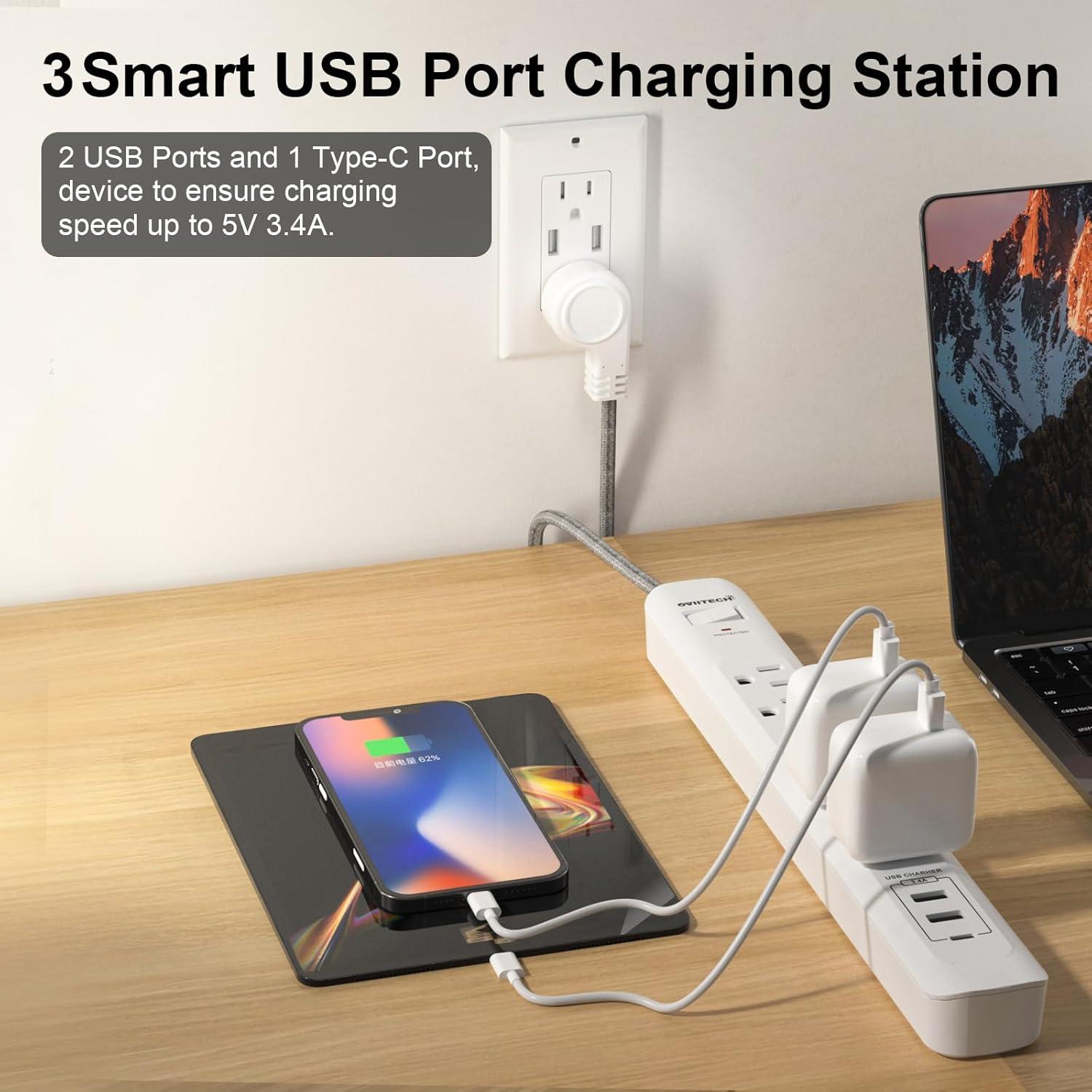 Regleta de Sobretensión Oviitech 6 Salidas 3 USB 1.5m Blanca