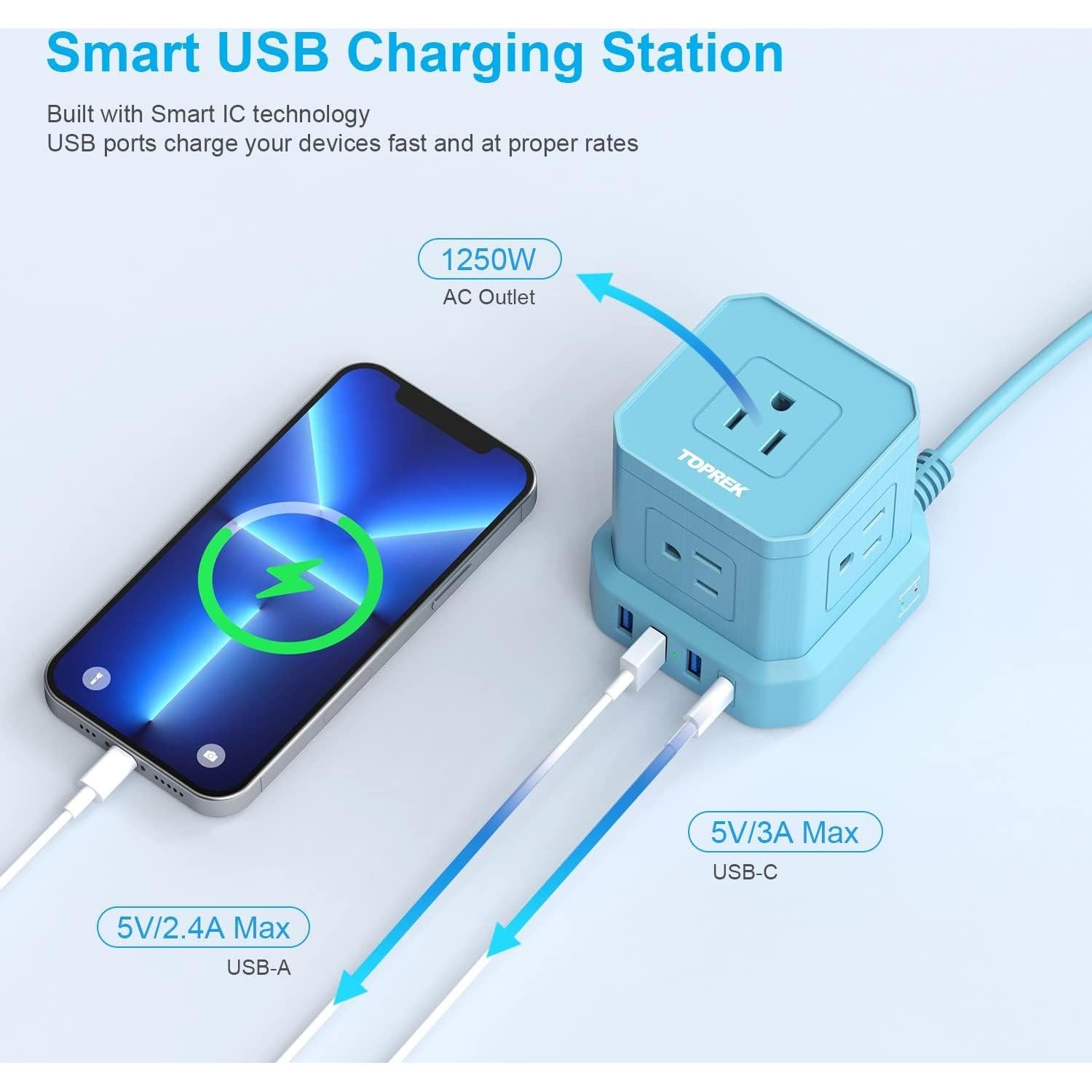 Regleta USB-C y USB-A TOPREK 5 Salidas AC 3.05m Azul