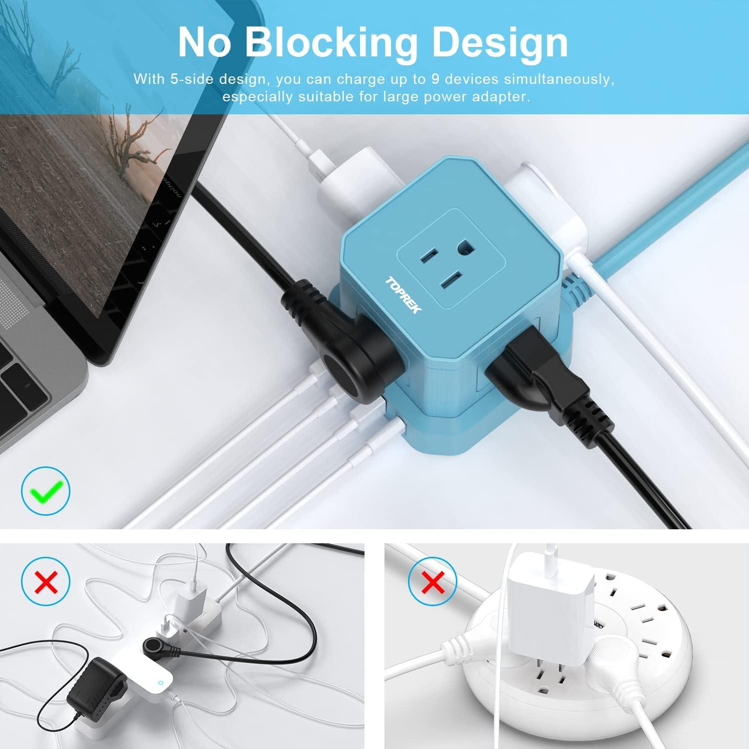 Regleta USB-C y USB-A TOPREK 5 Salidas AC 3.05m Azul