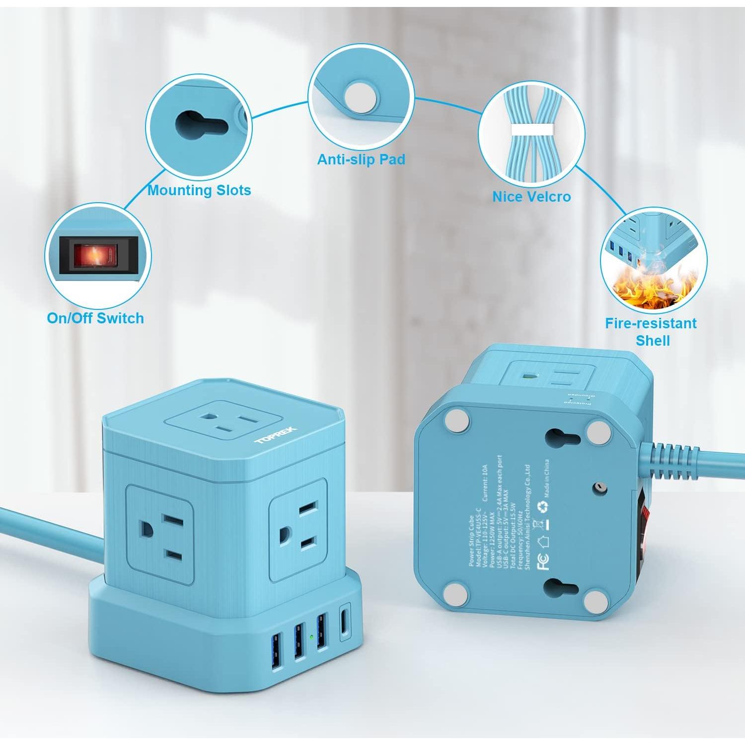 Regleta USB-C y USB-A TOPREK 5 Salidas AC 3.05m Azul