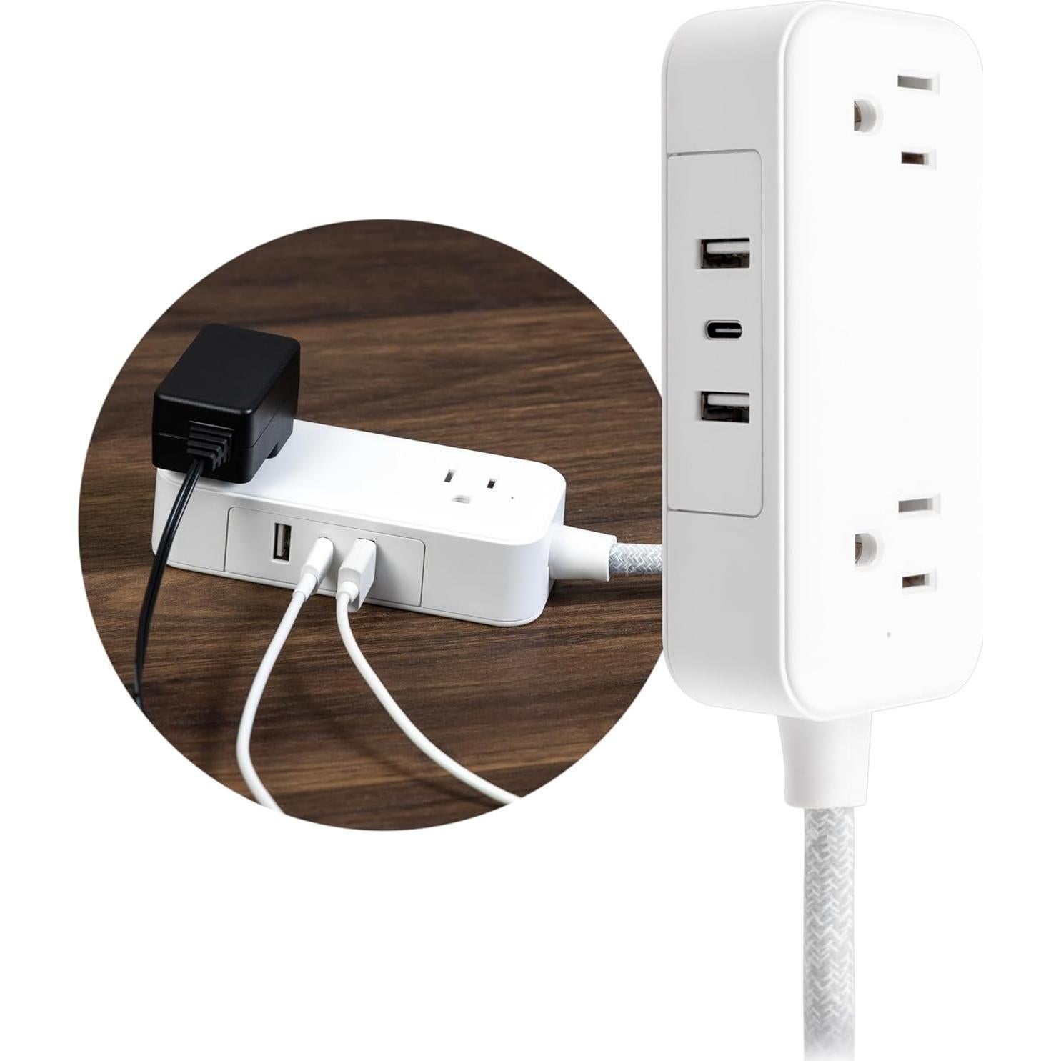 Toma de Corriente Plana GE 6ft con 2 USB-A y 1 USB-C