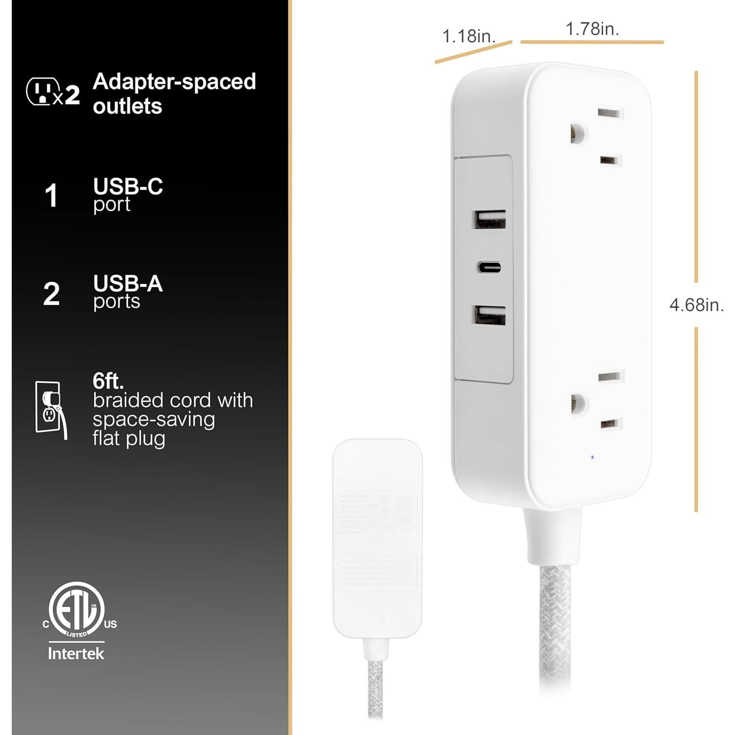 Toma de Corriente Plana GE 6ft con 2 USB-A y 1 USB-C