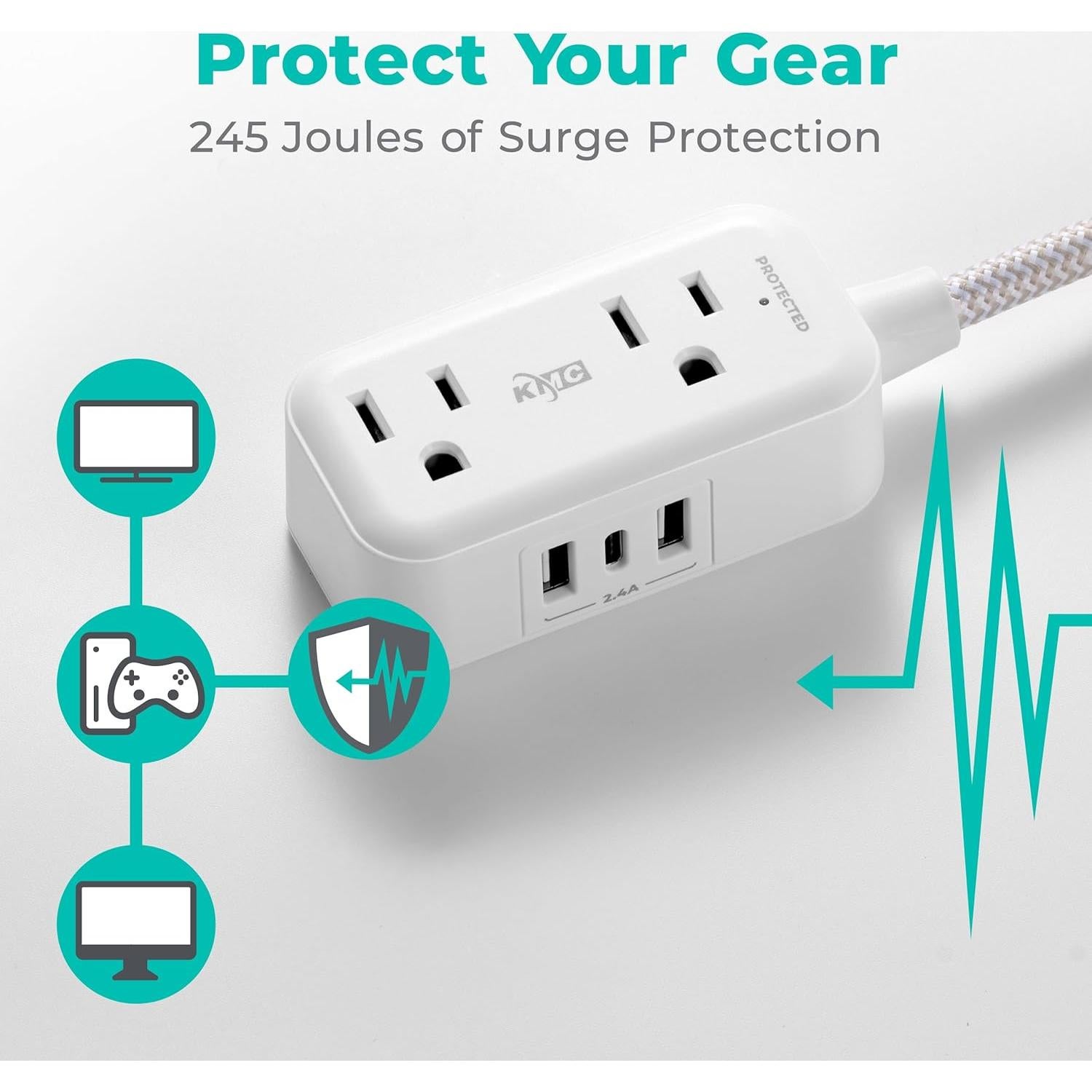 Regleta de Energía KMC con 2 Salidas y 3 Puertos USB, 245J