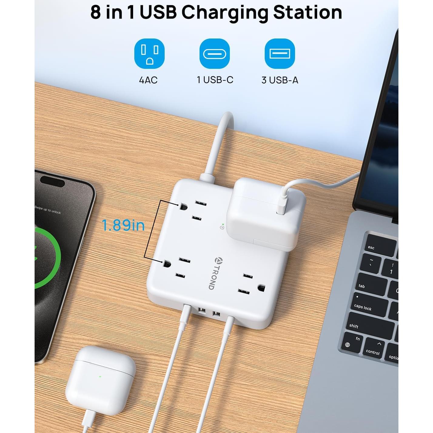 Regleta TROND 2 Enchufes USB-C 1.52m 1440J Montable Blanco