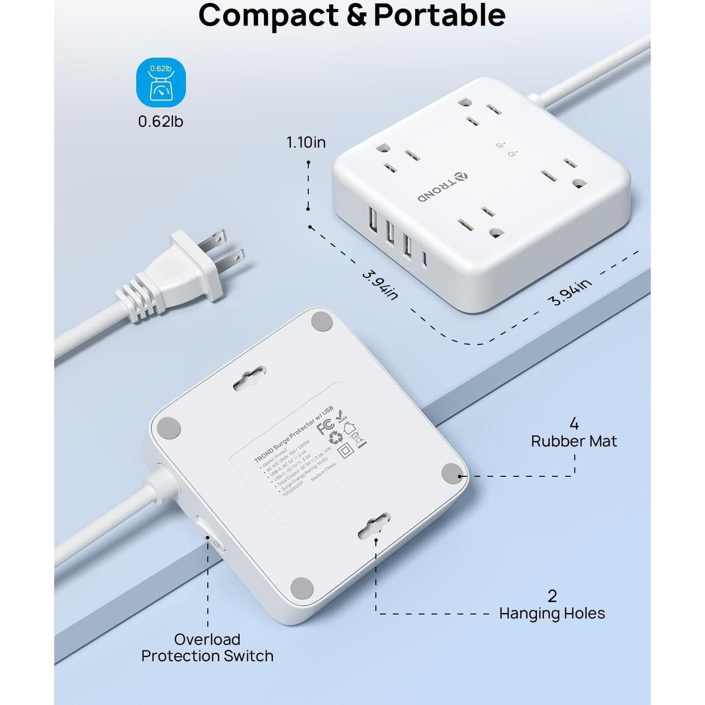 Regleta TROND 2 Enchufes USB-C 1.52m 1440J Montable Blanco