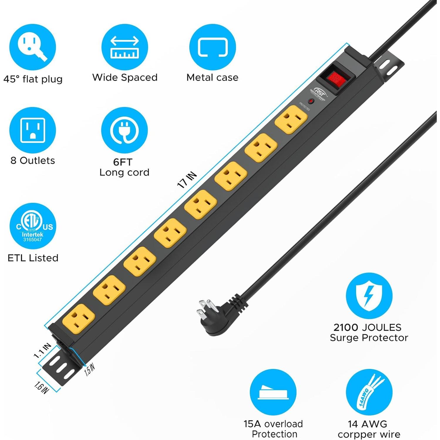 Regleta de Poder Montable 8 Tomas 2100 Julios ETL 1.83m Metal