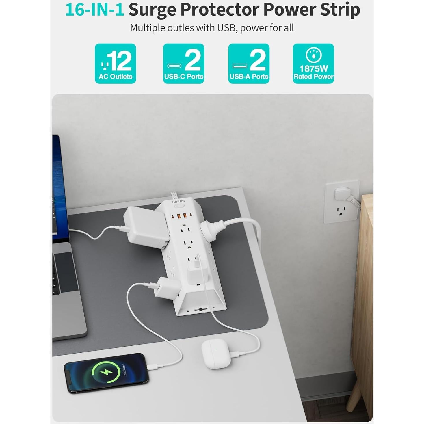 Protector de Sobretensión HOPOW 10FT 12 Salidas AC 4 USB Blanco