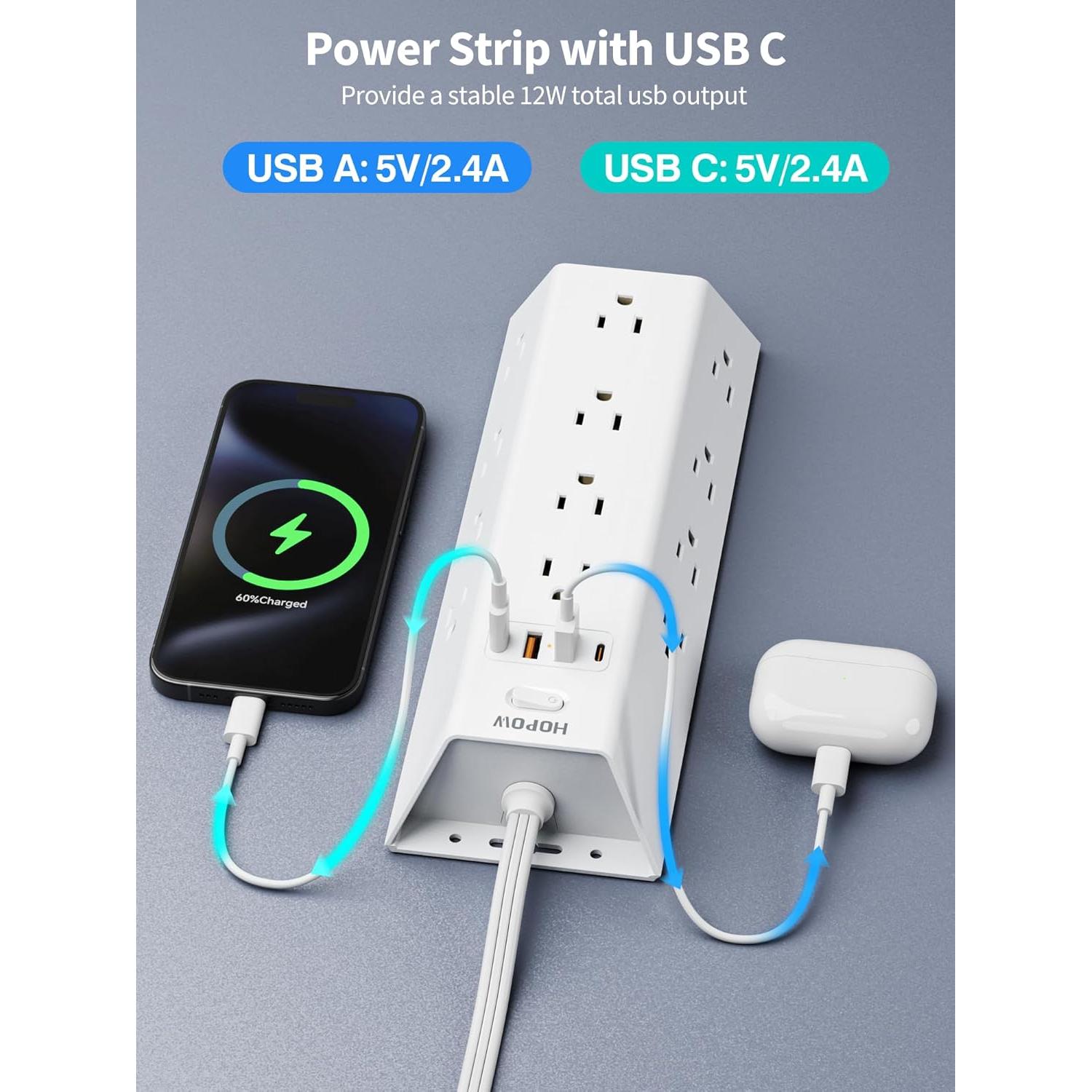 Protector de Sobretensión HOPOW 10FT 12 Salidas AC 4 USB Blanco