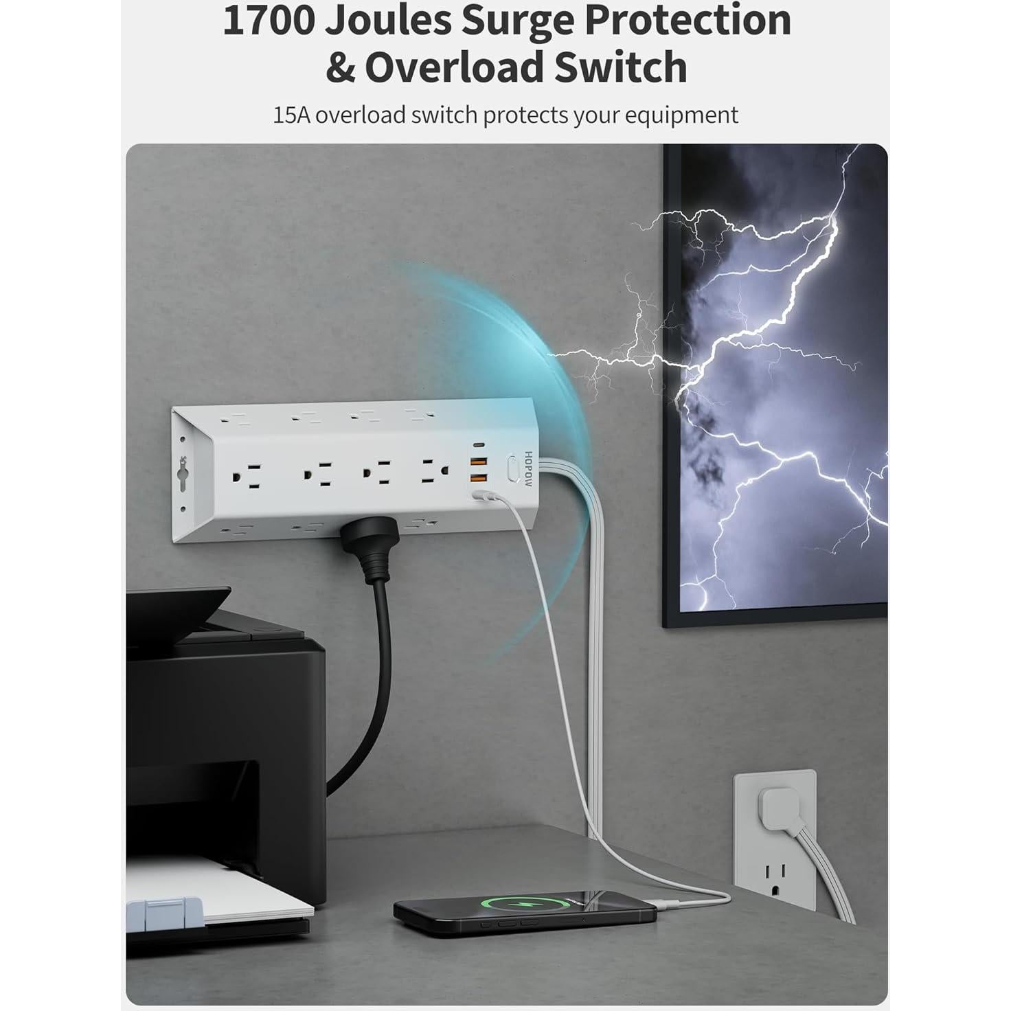 Protector de Sobretensión HOPOW 10FT 12 Salidas AC 4 USB Blanco