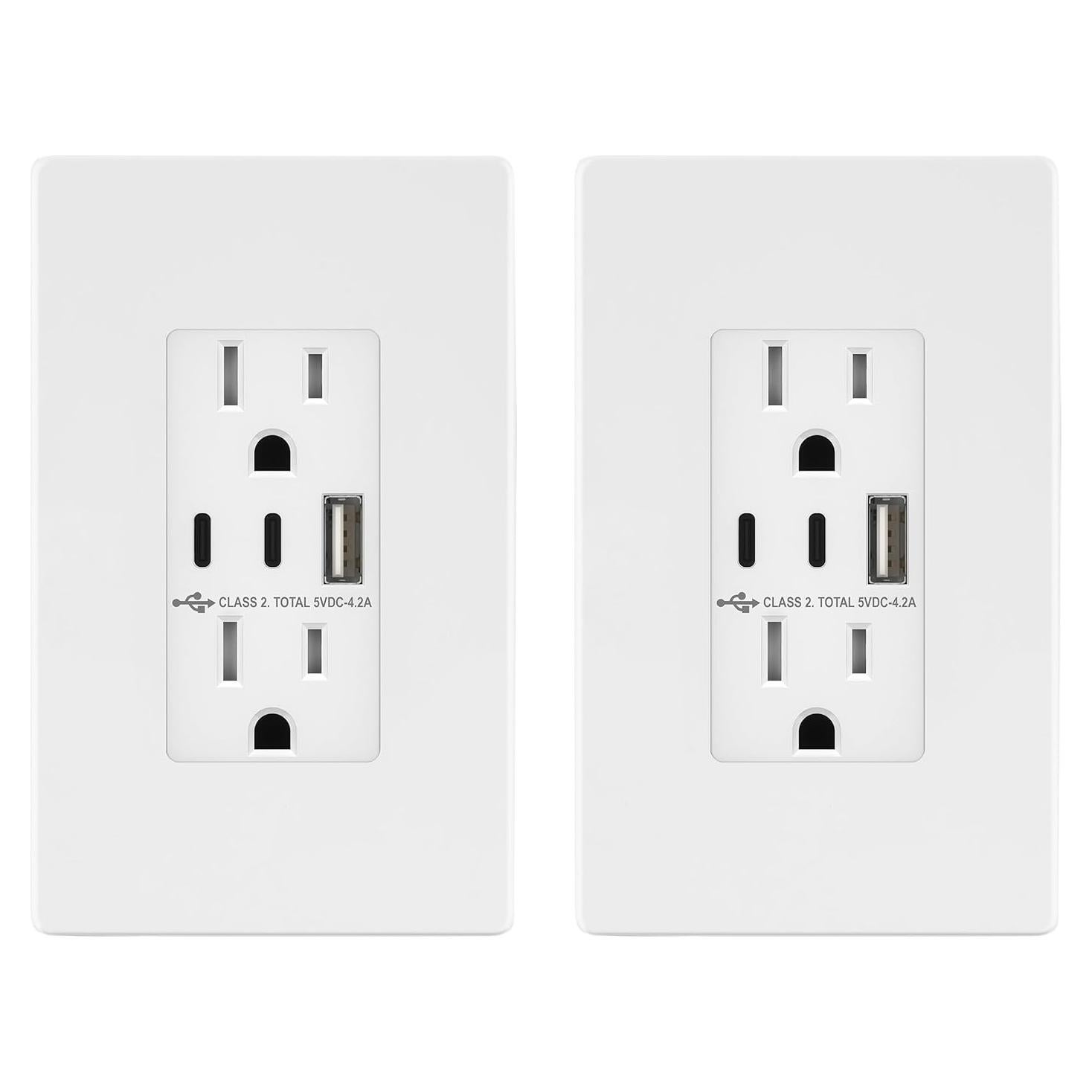 Enchufe USB TOPGREENER 15A 4.2A 3 Puertos Tipo C y A Blanco 2 Pzs