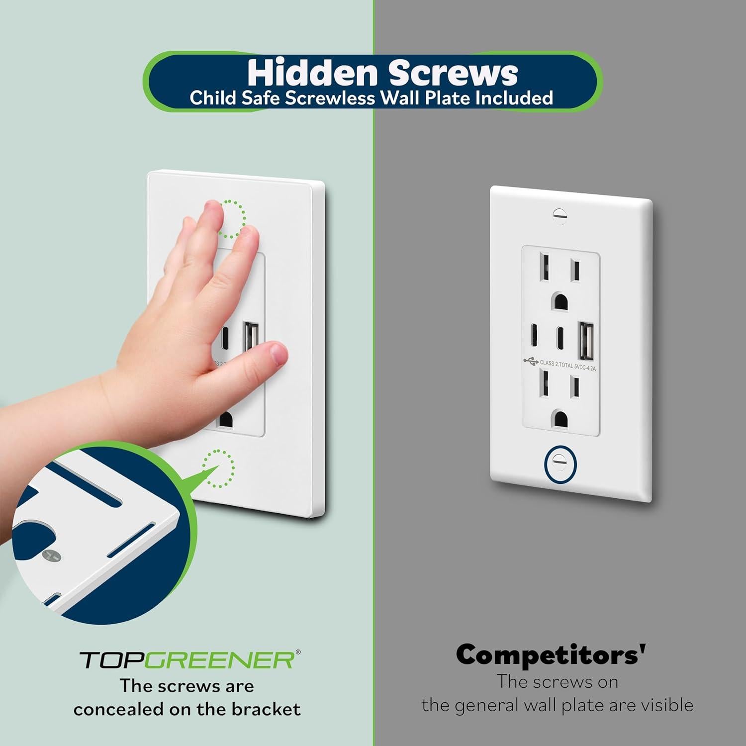 Enchufe USB TOPGREENER 15A 4.2A 3 Puertos Tipo C y A Blanco 2 Pzs