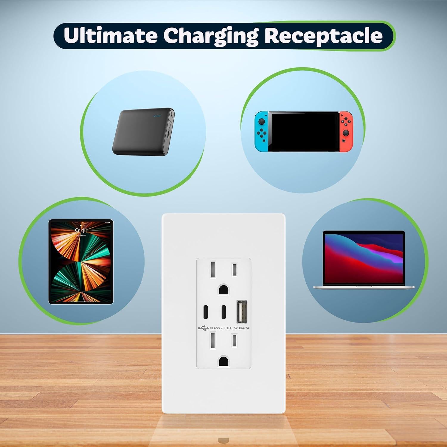 Enchufe USB TOPGREENER 15A 4.2A 3 Puertos Tipo C y A Blanco 2 Pzs