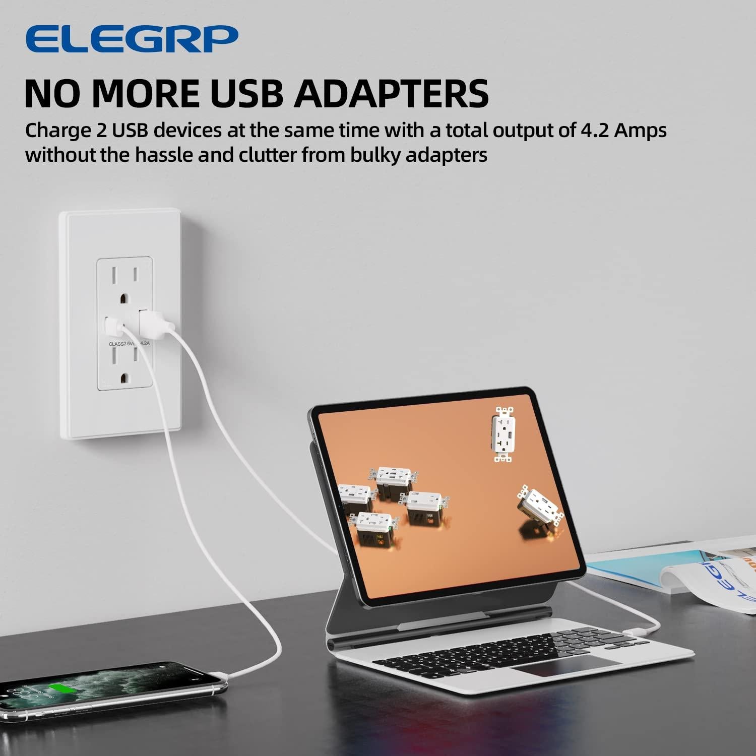 Cargador USB de Pared ELEGRP 15A Dúplex Blanco Mate (Paquete de 10)