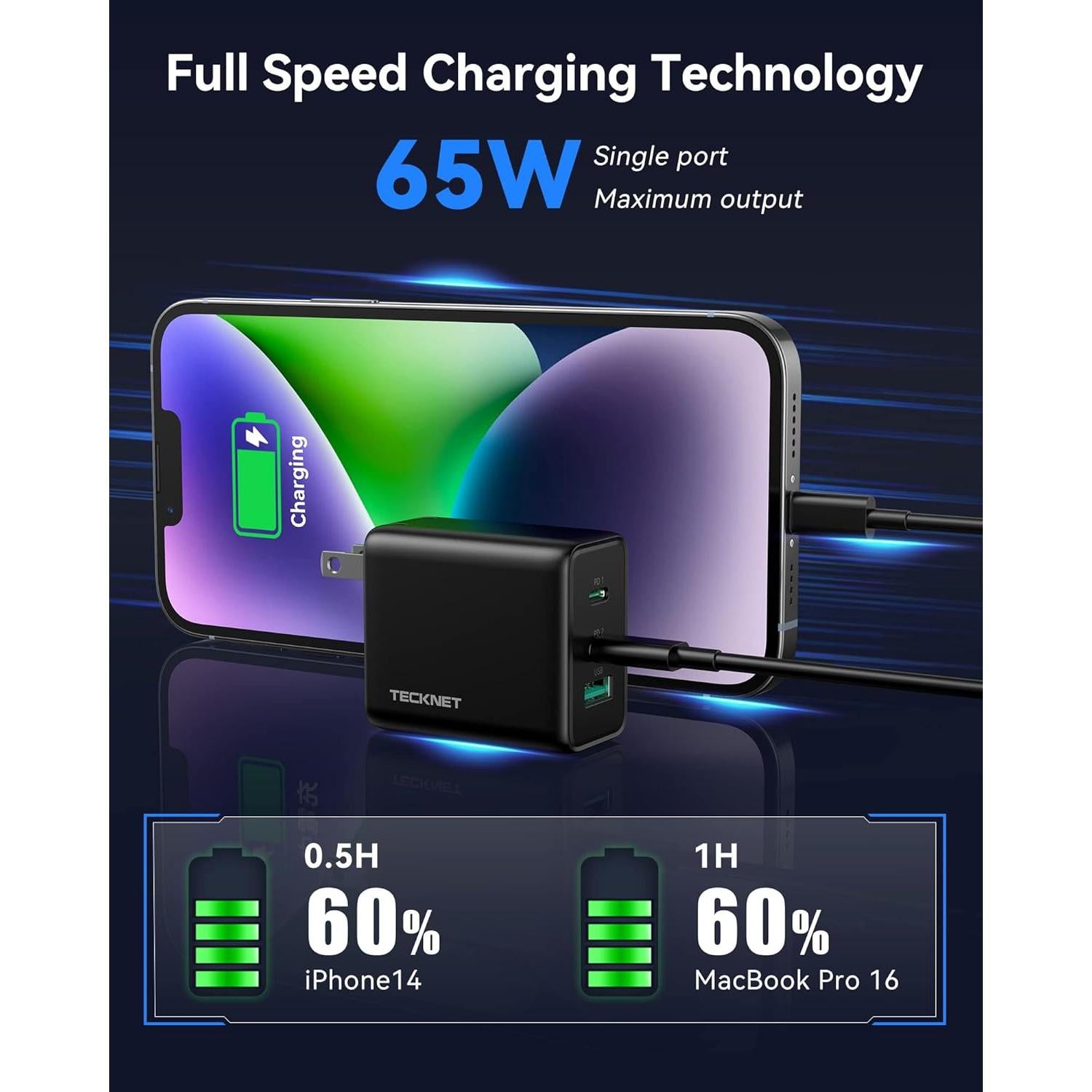 Cargador Rápido TECKNET USB C 65W PD 3.0 3 Puertos Negro