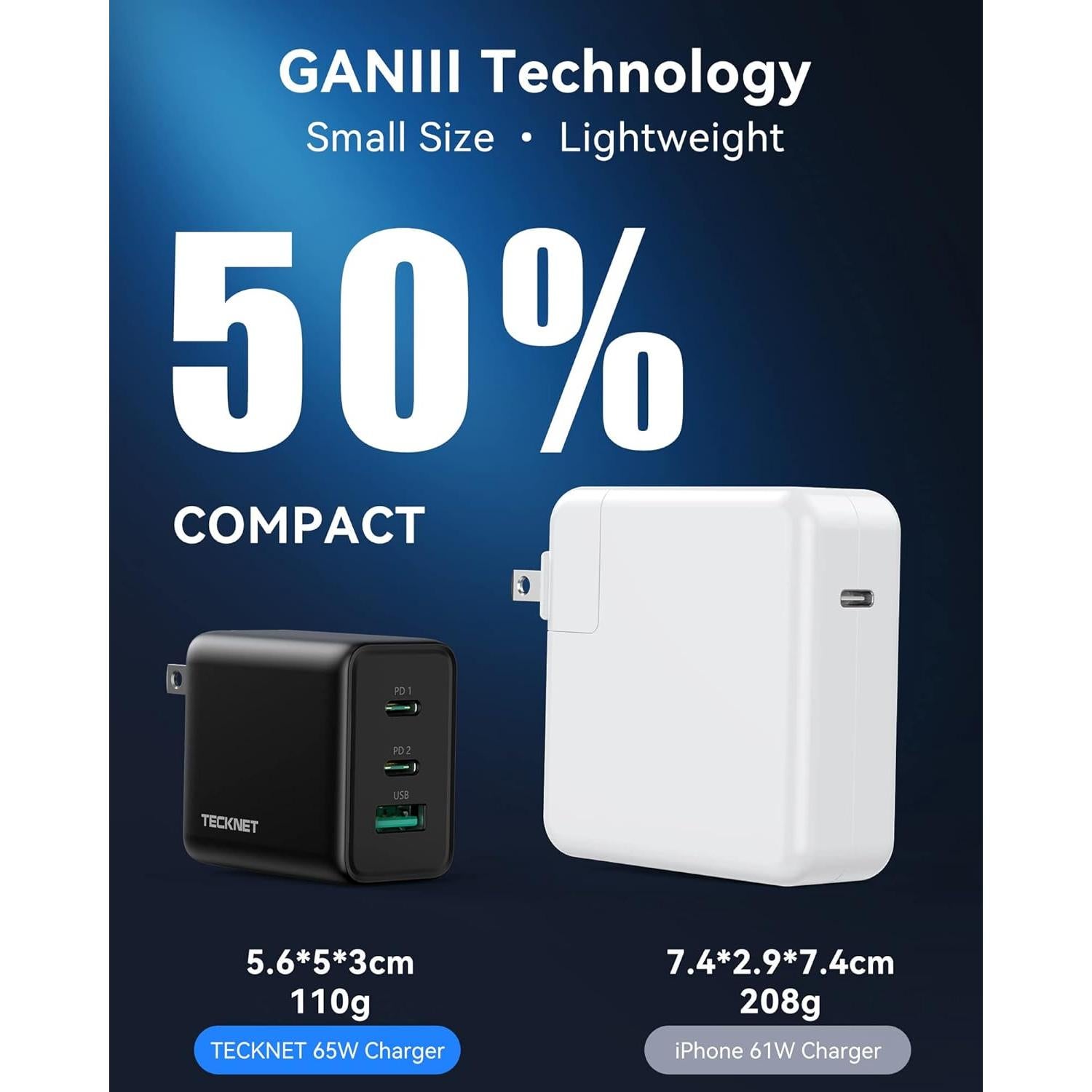 Cargador Rápido TECKNET USB C 65W PD 3.0 3 Puertos Negro