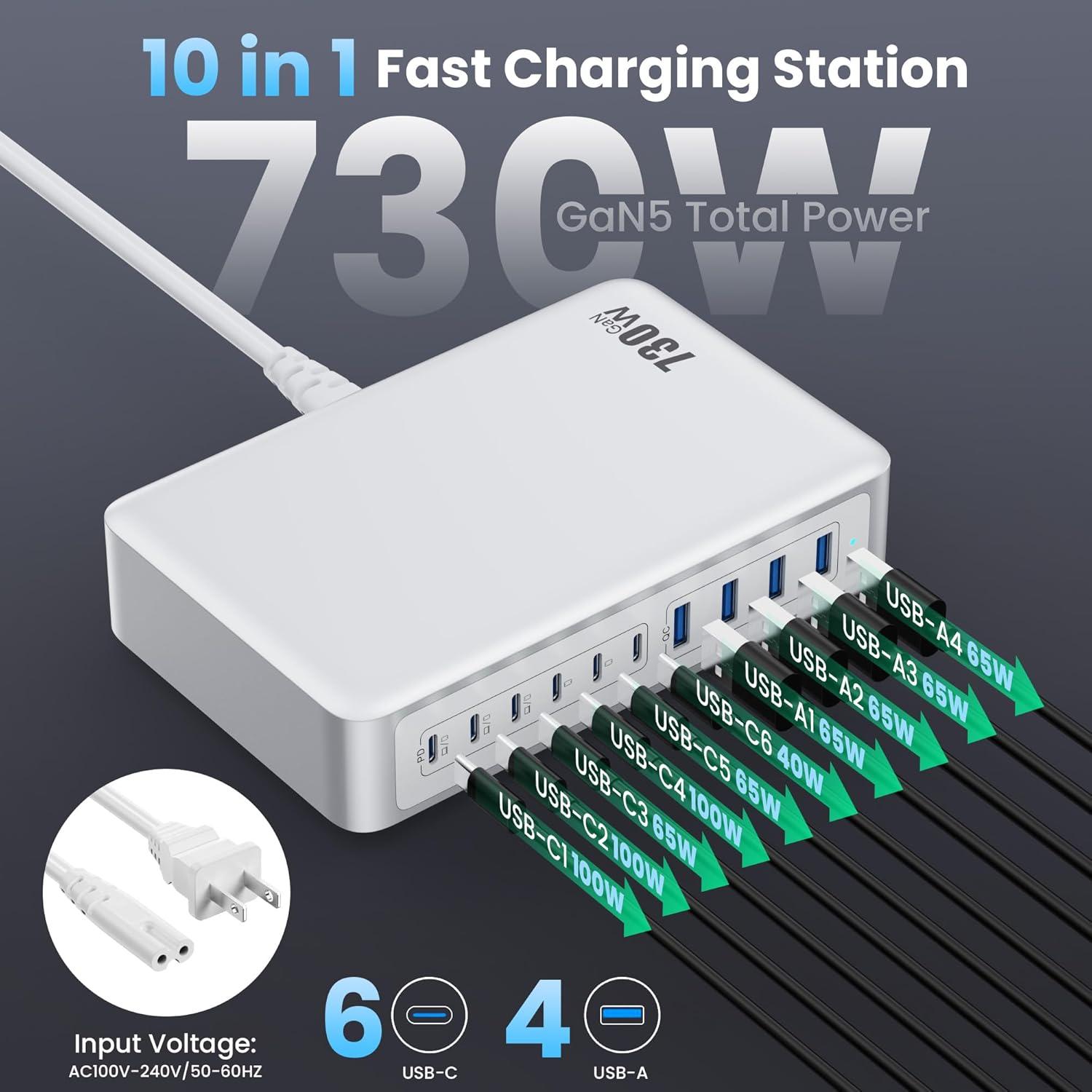 Cargador USB C 730W GaN 10 Puertos Rápido para Laptop