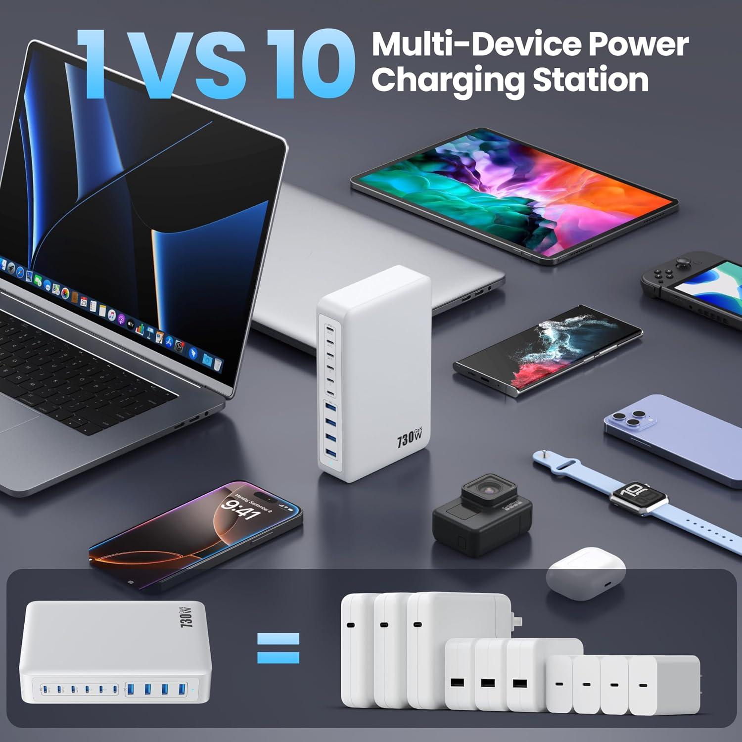 Cargador USB C 730W GaN 10 Puertos Rápido para Laptop