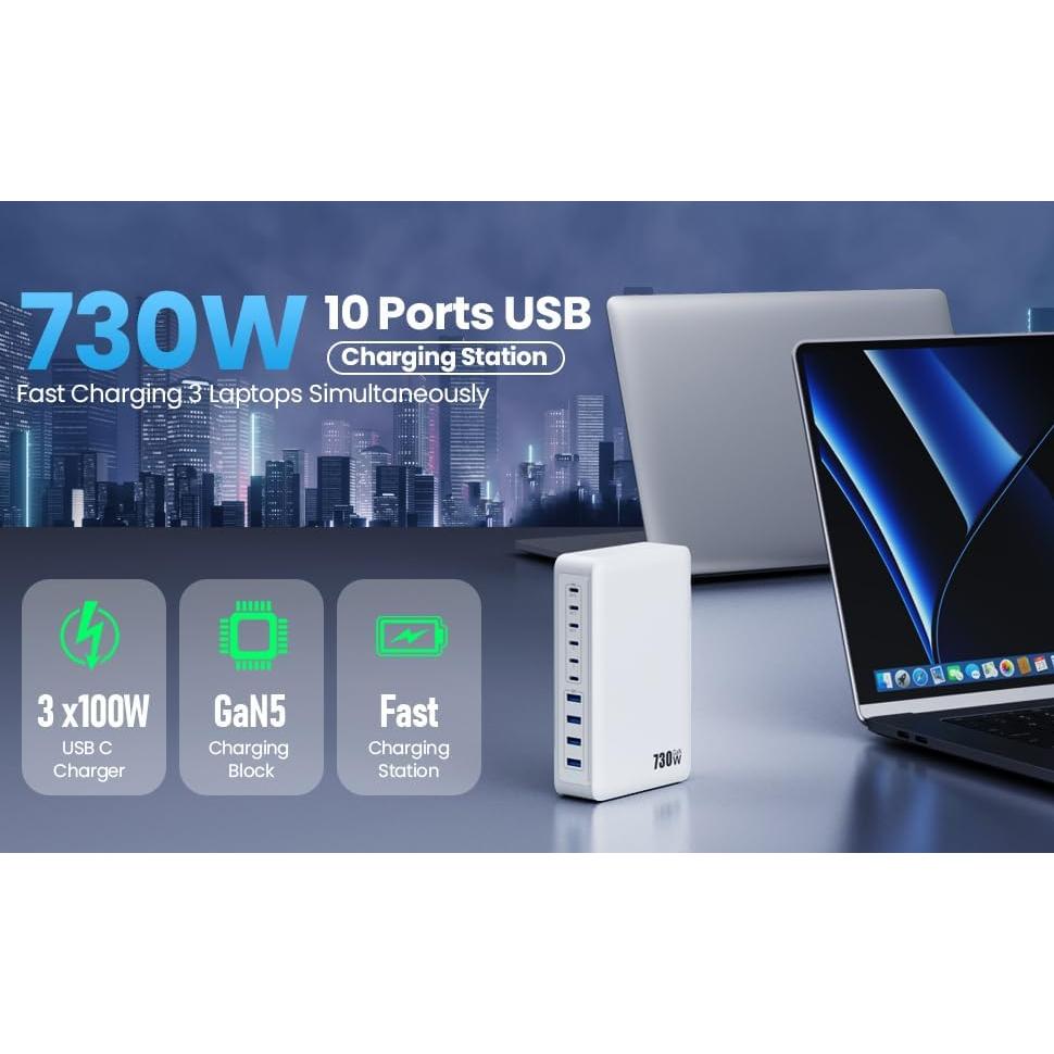 Cargador USB C 730W GaN 10 Puertos Rápido para Laptop