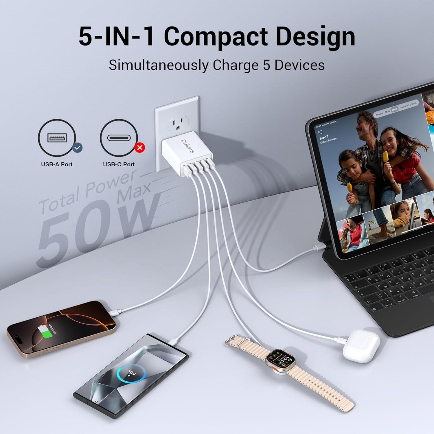 Cargador de pared USB 50W Dulums 2Pack 5 puertos QC 3.0