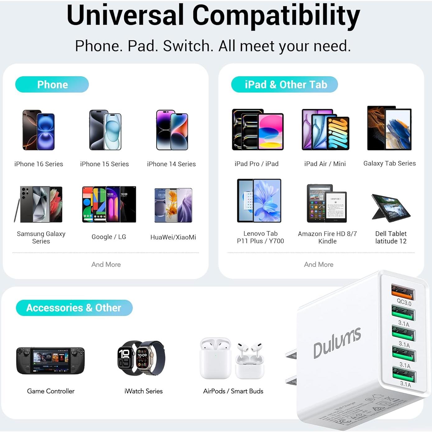 Cargador de pared USB 50W Dulums 2Pack 5 puertos QC 3.0