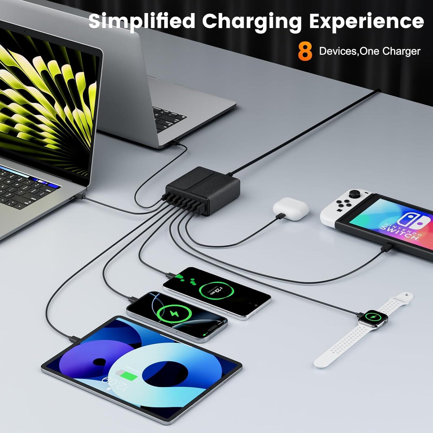 Cargador USB C 320W 8 Puertos Rápido PD 65W para MacBook