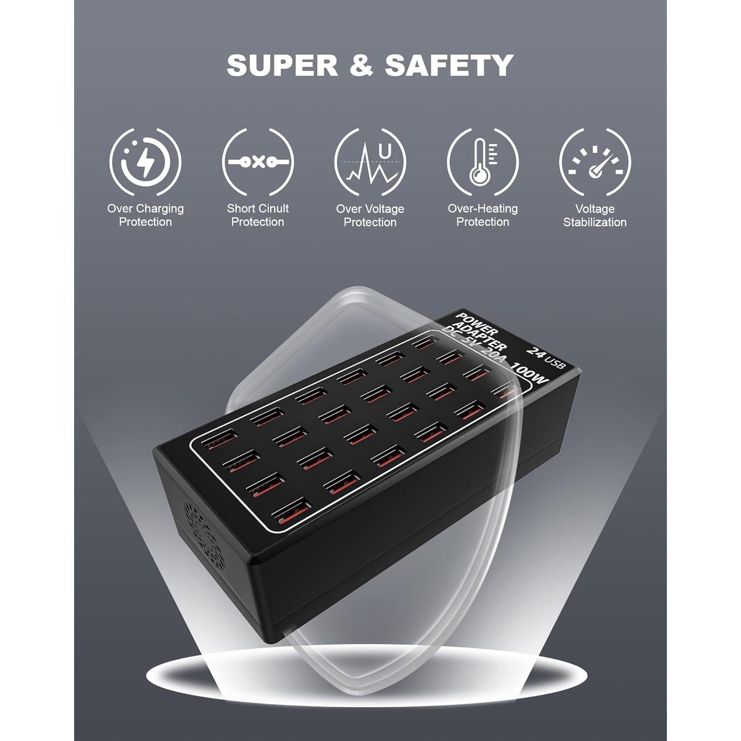 Estación de Carga USB 24 Puertos RUANSZZ 100W Cargador Rápido