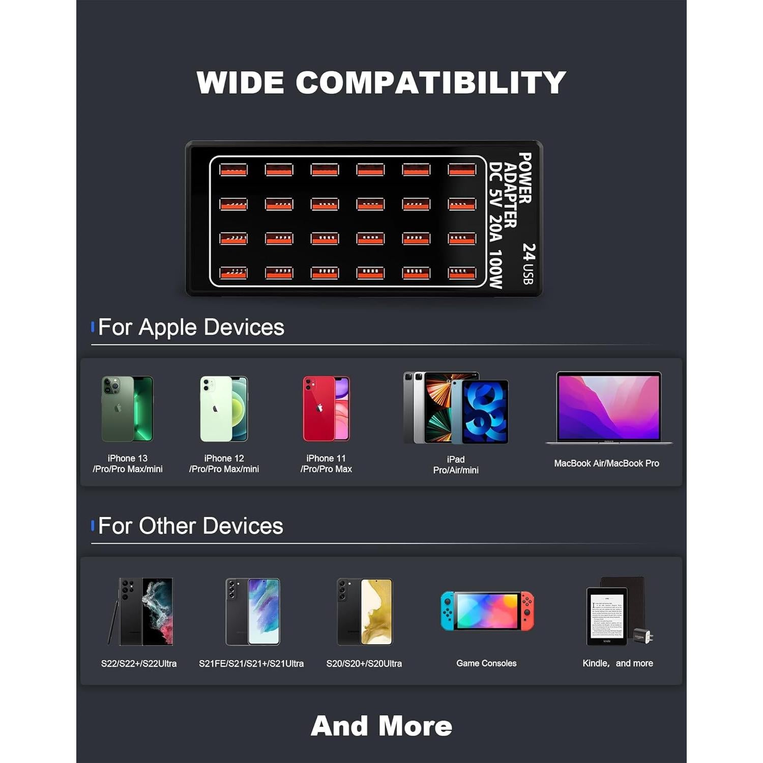 Estación de Carga USB 24 Puertos RUANSZZ 100W Cargador Rápido