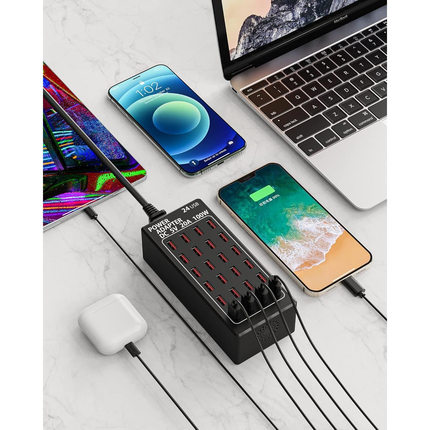 Estación de Carga USB 24 Puertos RUANSZZ 100W Cargador Rápido