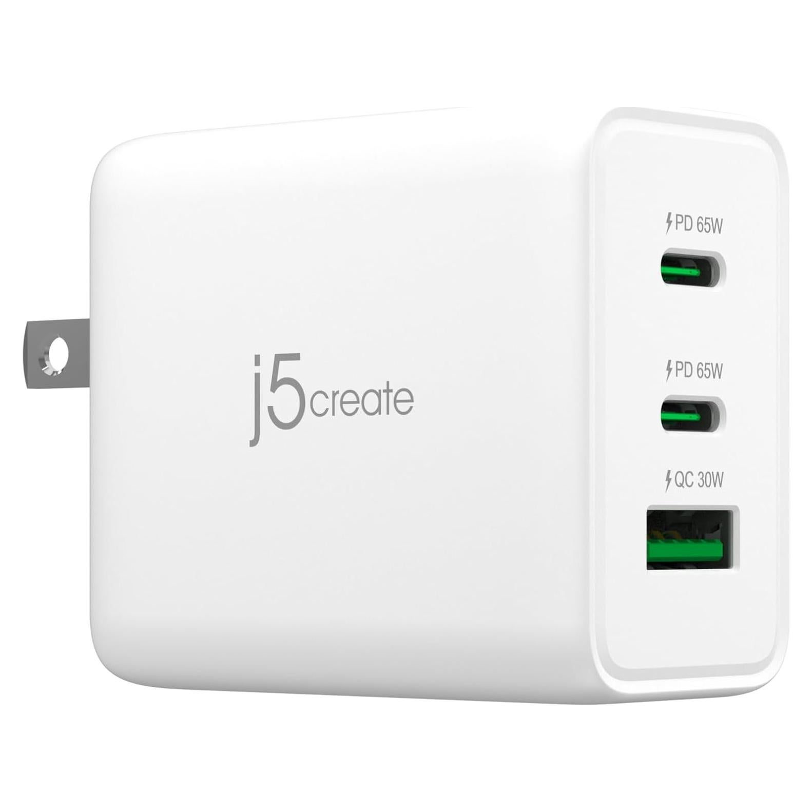 Cargador j5create 65W GaN USB-C 3 Puertos Compacto JUP3365