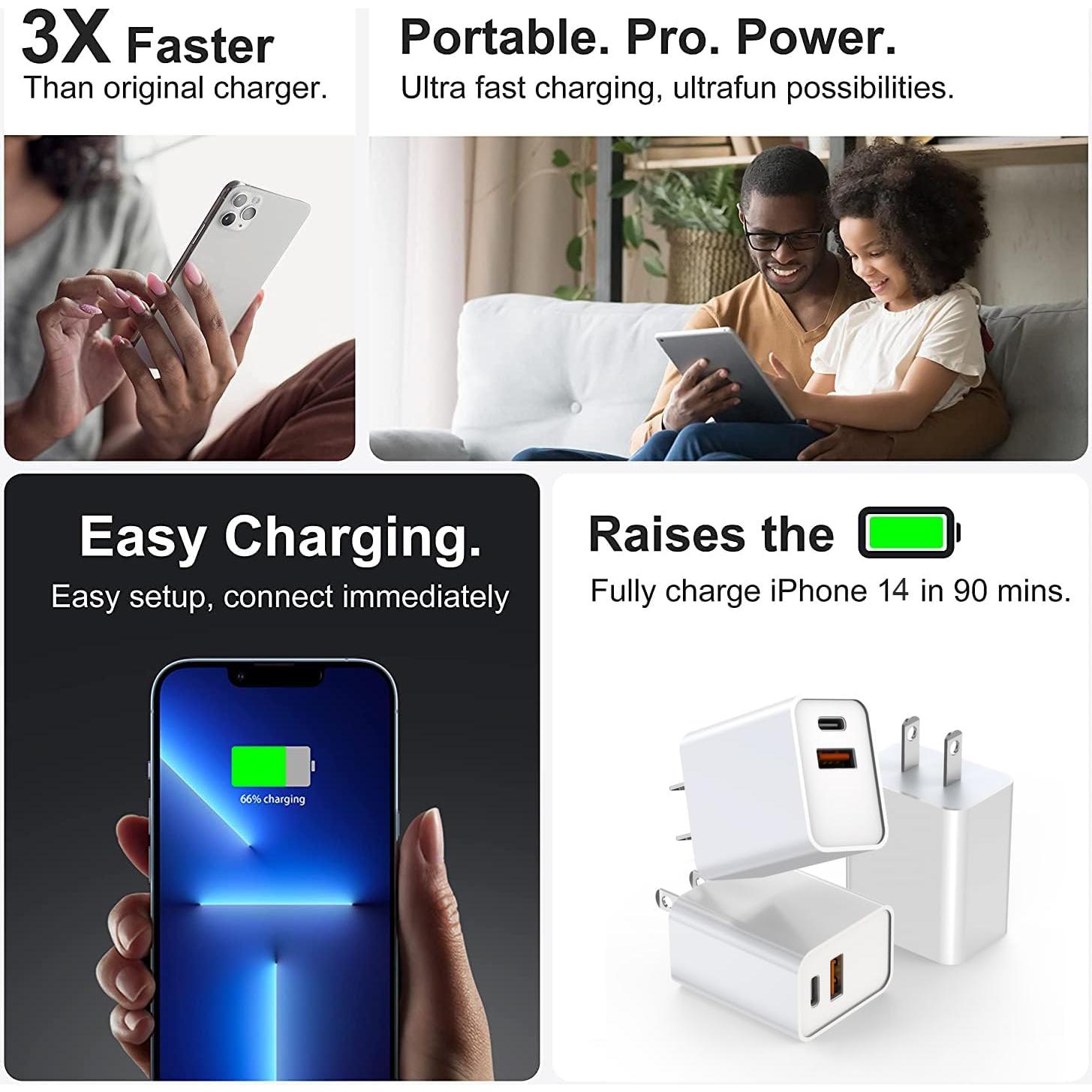 Paquete de 3 Cargadores USB C 20W Doble Puerto Rápido