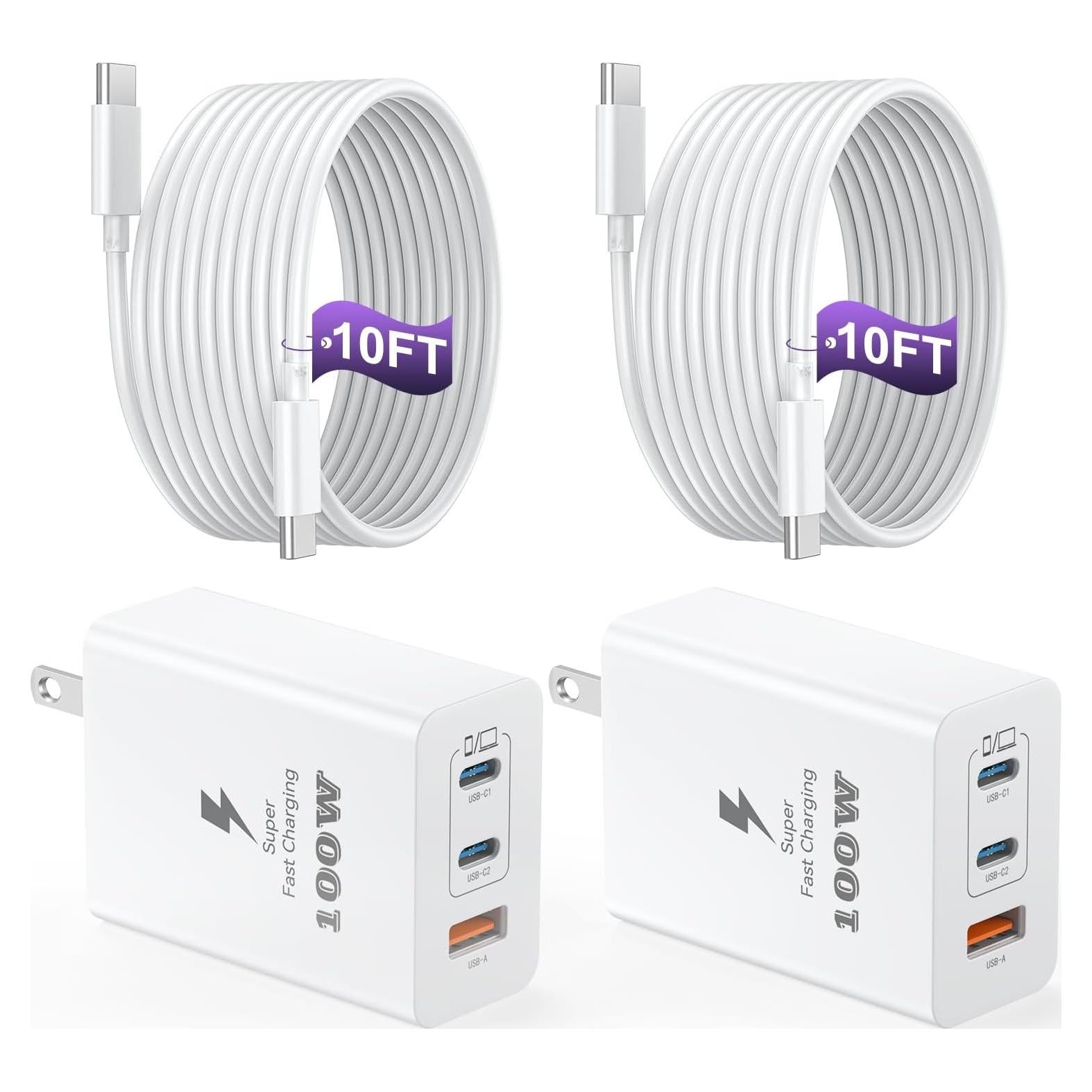 Cargador Rápido USB C 100W 3 Puertos con Cable 10 pies