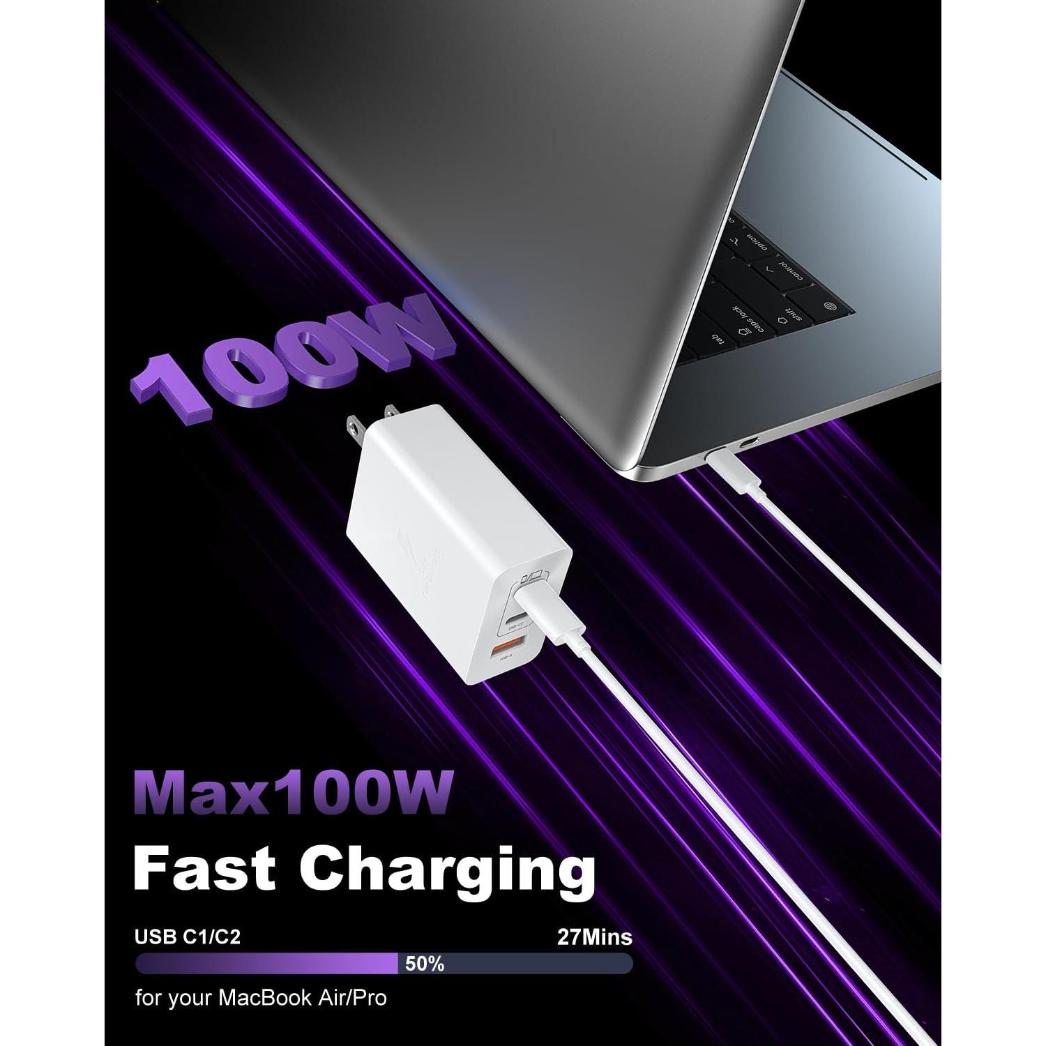 Cargador Rápido USB C 100W 3 Puertos con Cable 10 pies