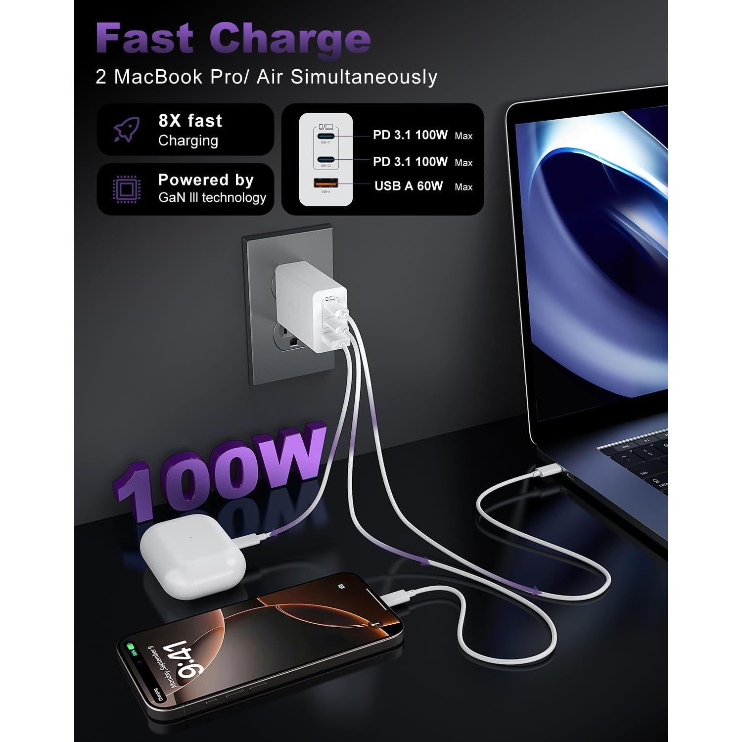 Cargador Rápido USB C 100W 3 Puertos con Cable 10 pies