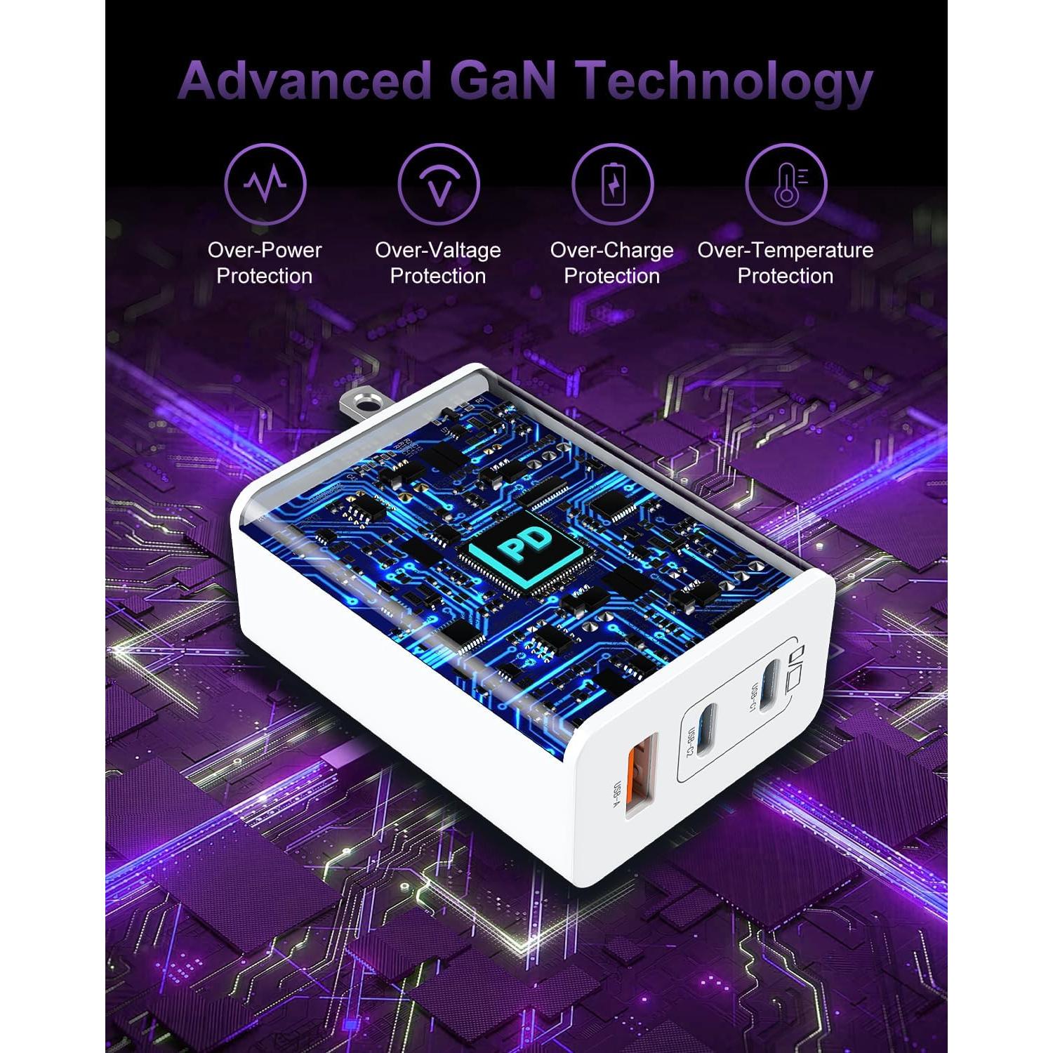 Cargador Rápido USB C 100W 3 Puertos con Cable 10 pies