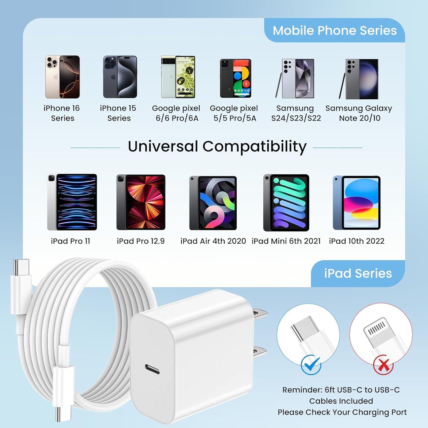 Cargador Rápido USB C 20W Oxivane para iPhone 16/15 - 3 Piezas