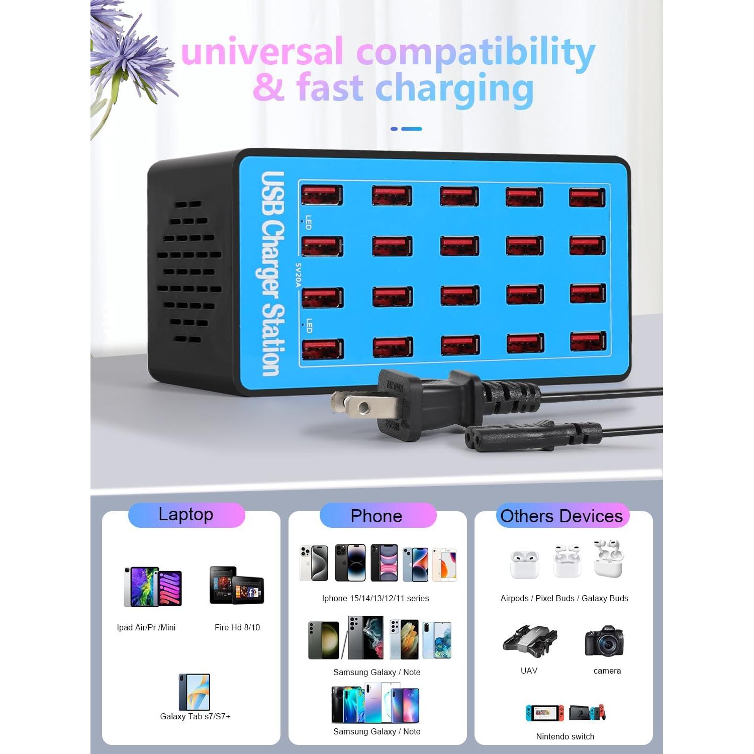 Estación de Carga USB 100W 20 Puertos Azul WLX-A5+