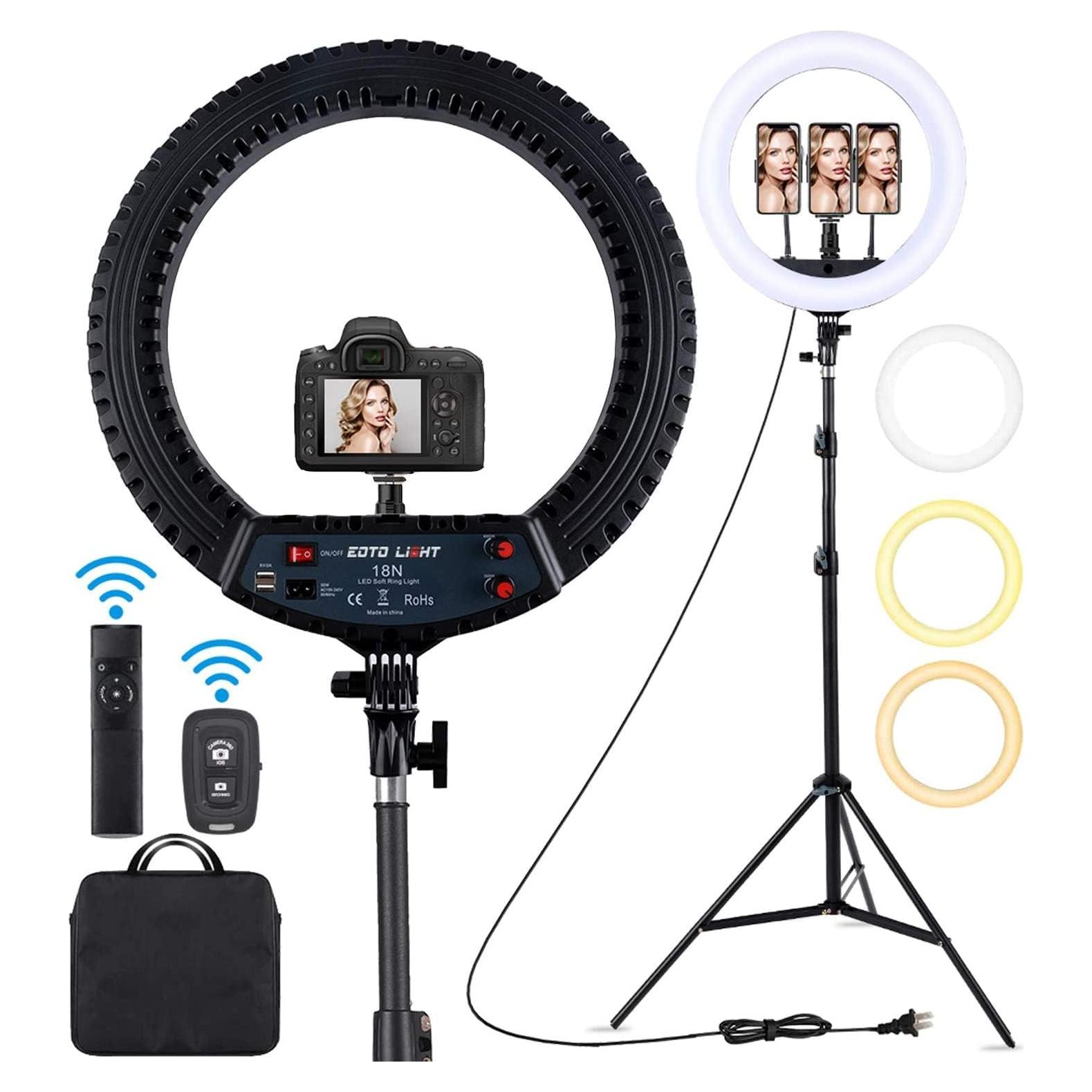 18 inch LED Ring Light with Tripod Stand Dimmable Makeup Selfie Ring Light for Studio Portrait YouTube Vlog Video Shooting with Carrying Bag and Remote Controller, CRI 90