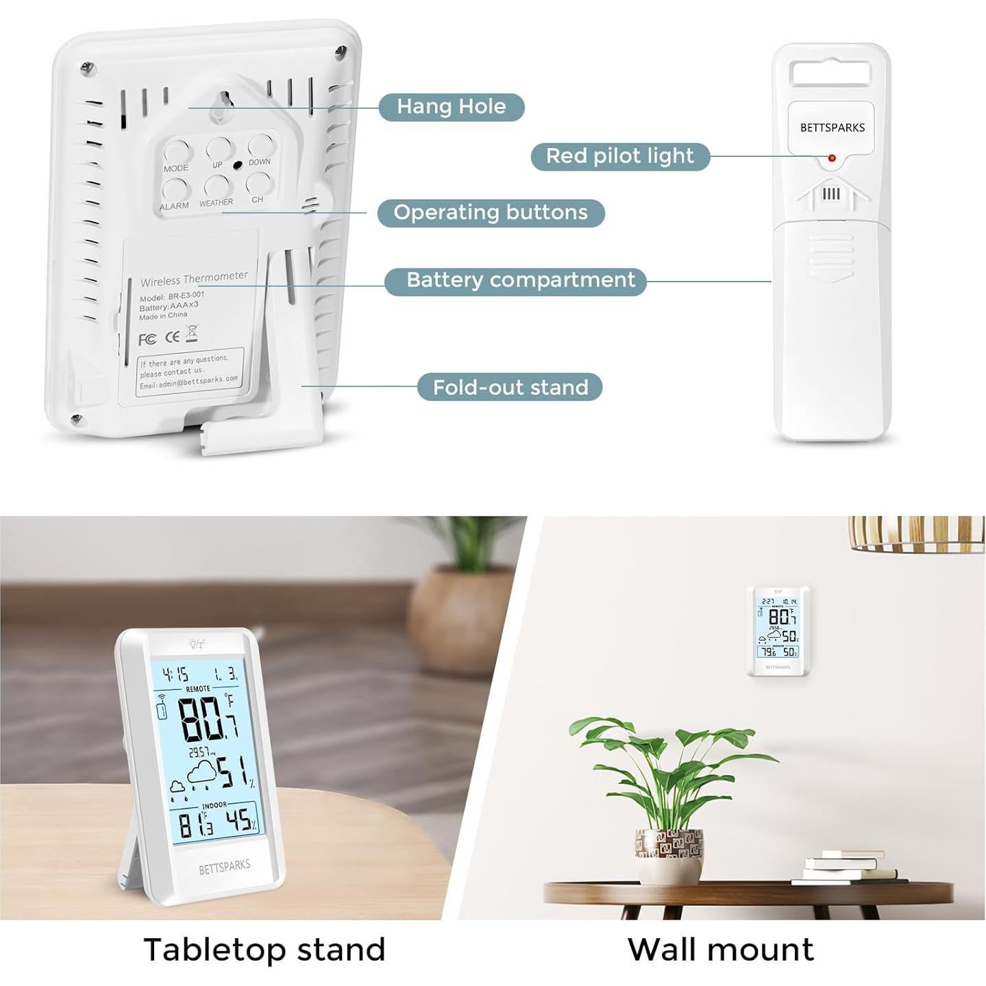 Termómetro Inalámbrico Bettsparks BR-E3-001 con Sensor Remoto