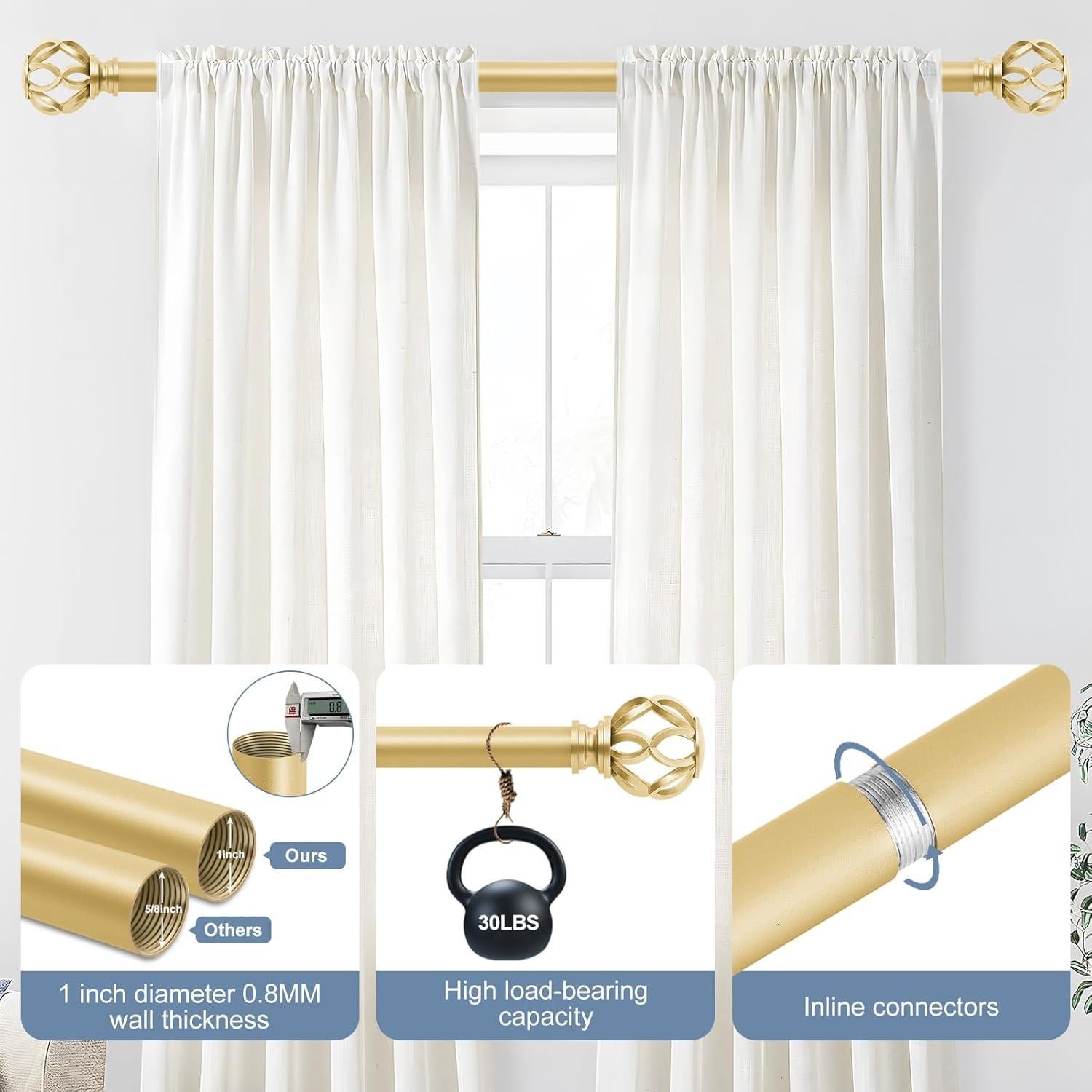 Barras de Cortina Doradas TVWOO Ajustables 45-114 cm con Remates