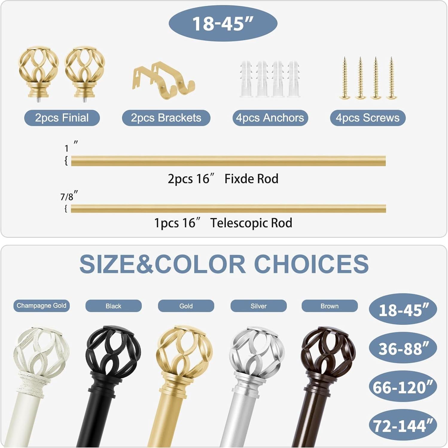 Barras de Cortina Doradas TVWOO Ajustables 45-114 cm con Remates