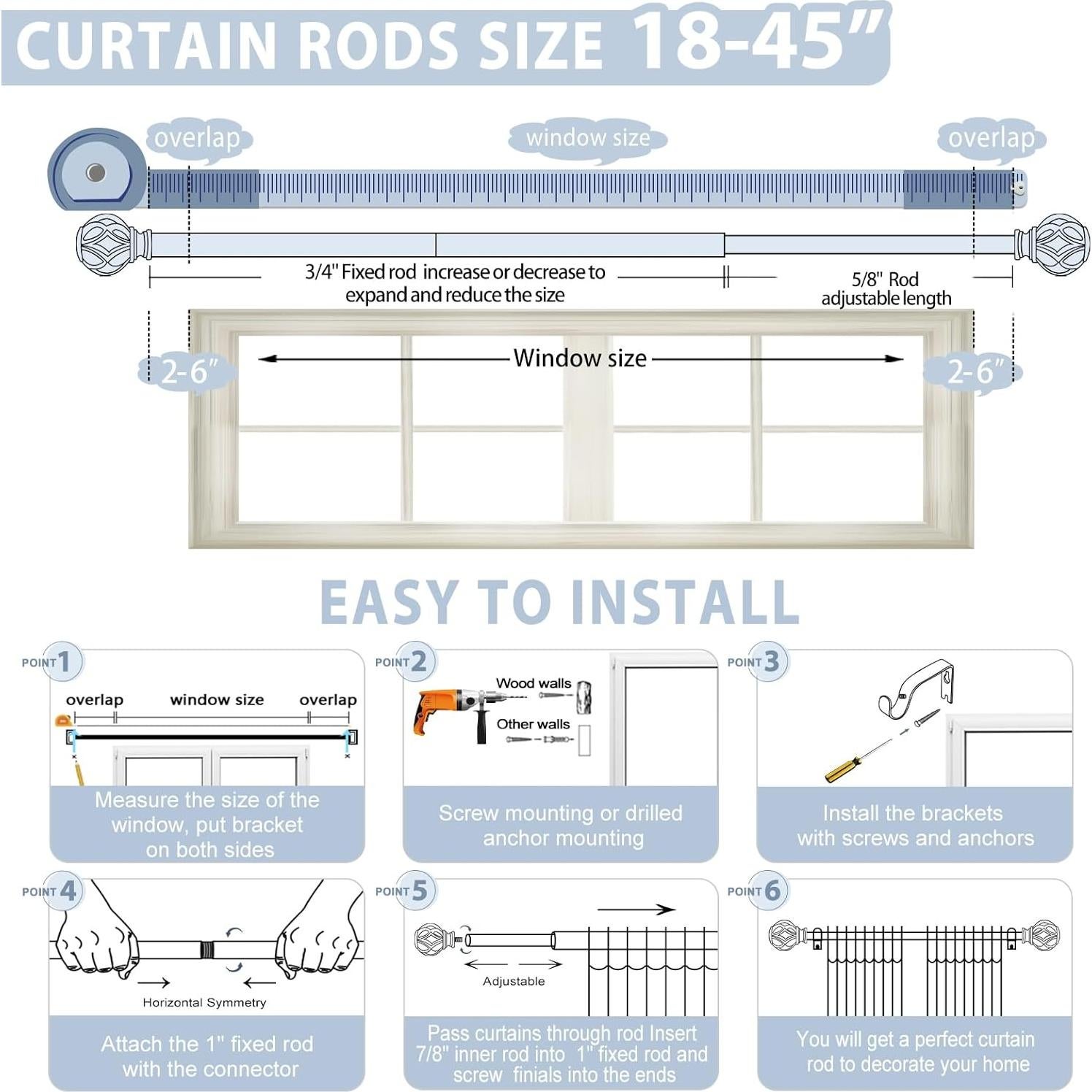 Barras de Cortina Doradas TVWOO Ajustables 45-114 cm con Remates