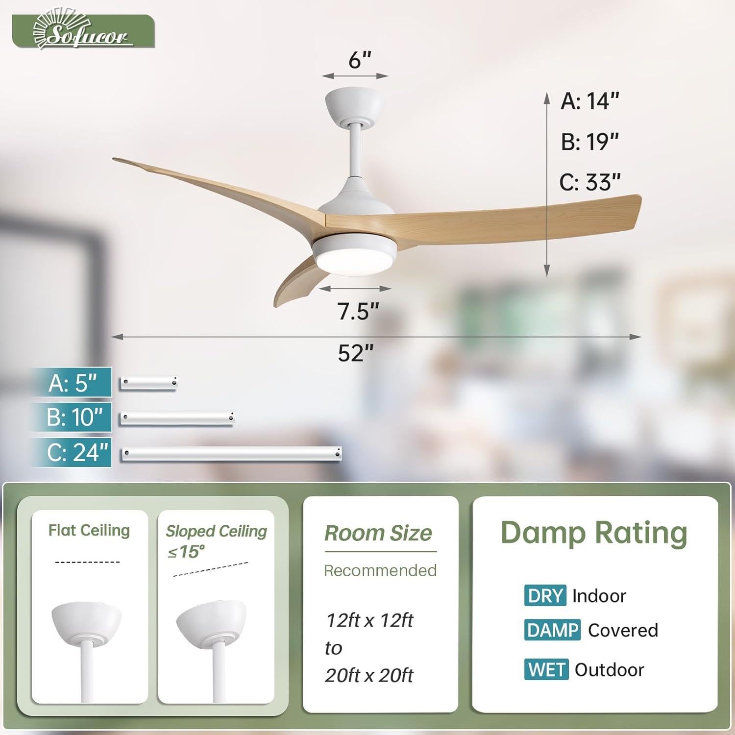 Ventilador de Techo Sofucor 132cm con Luz LED y Control Remoto