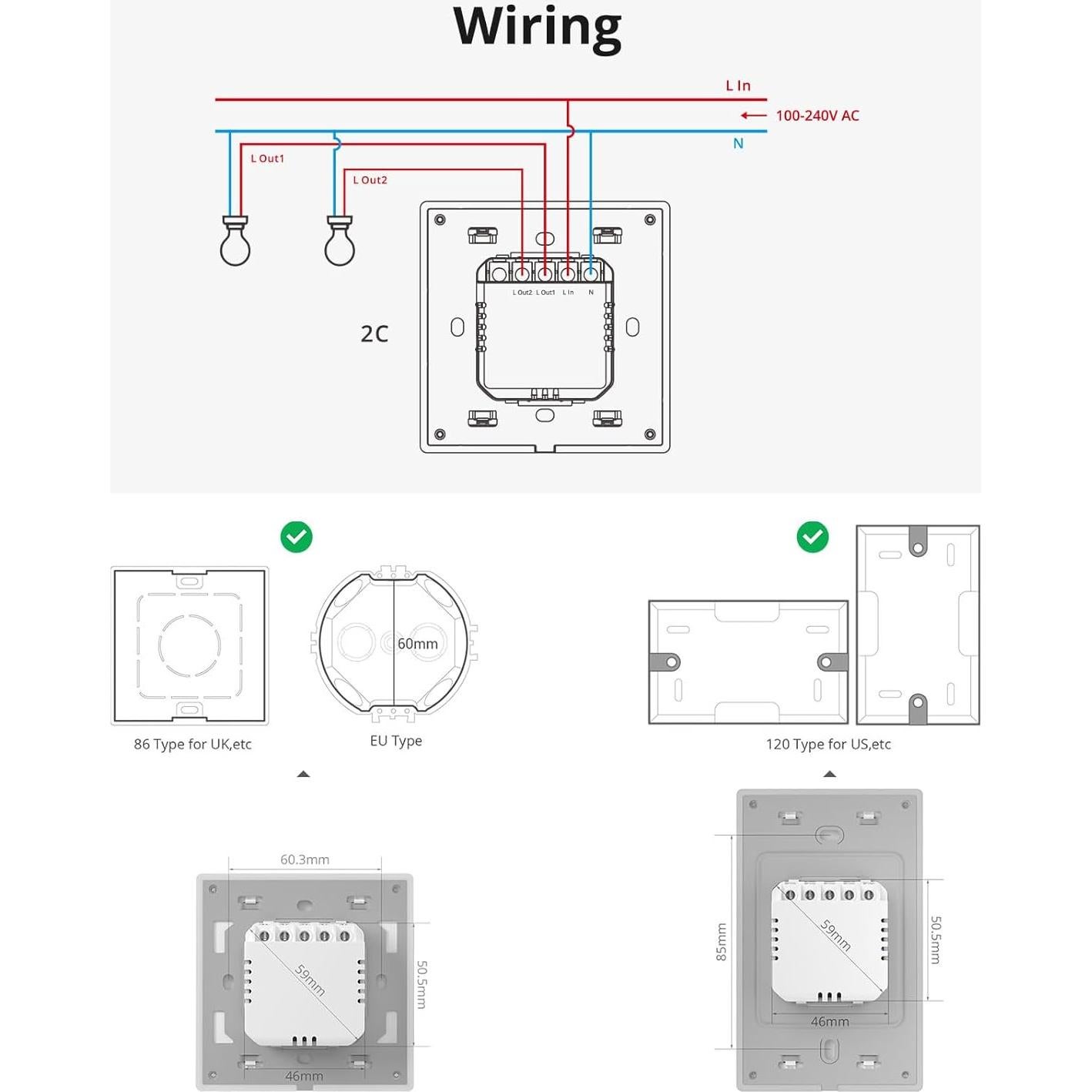 Interruptor de Luz Inteligente SONOFF T5 WiFi 2.4GHz Control Voz