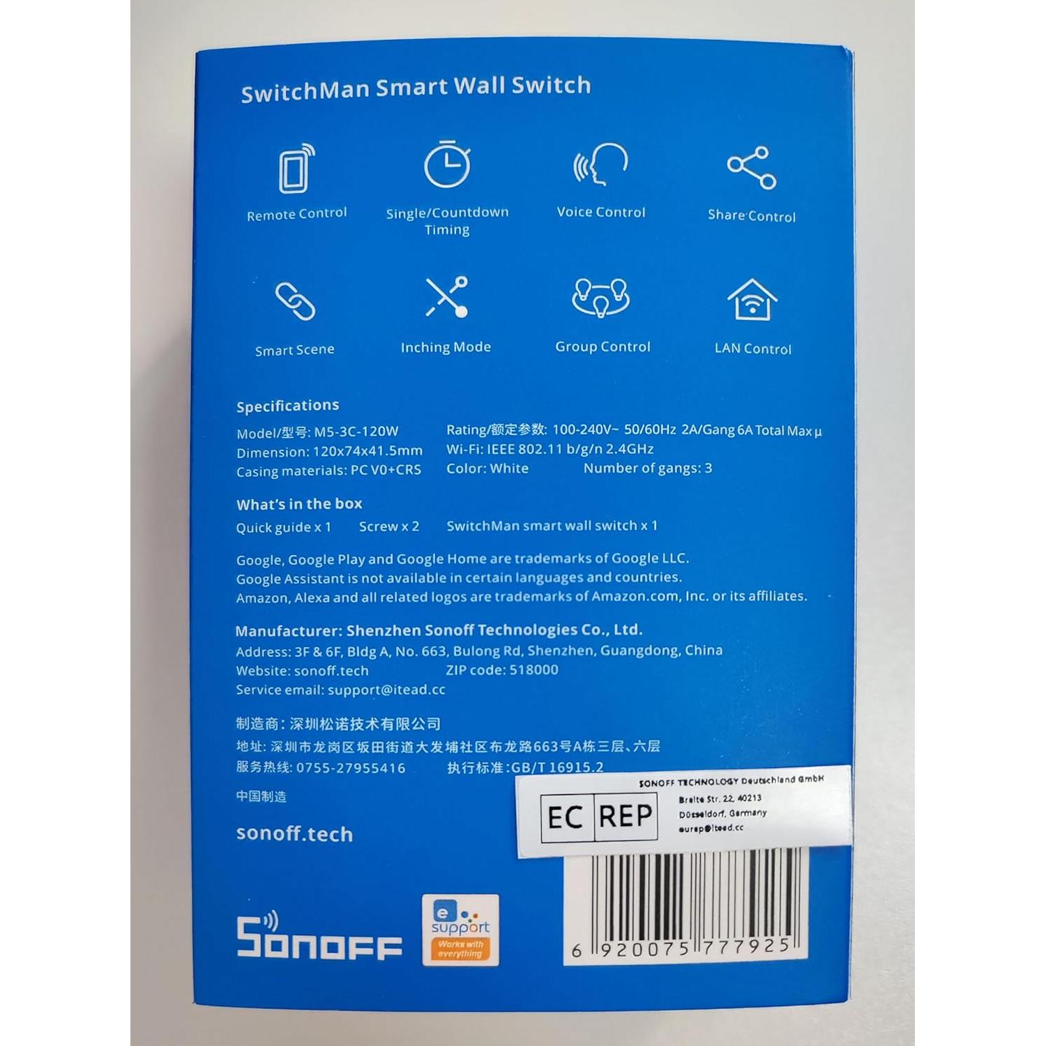 Interruptor de Luz Inteligente SONOFF M5-3C-120W WiFi 3-Gang