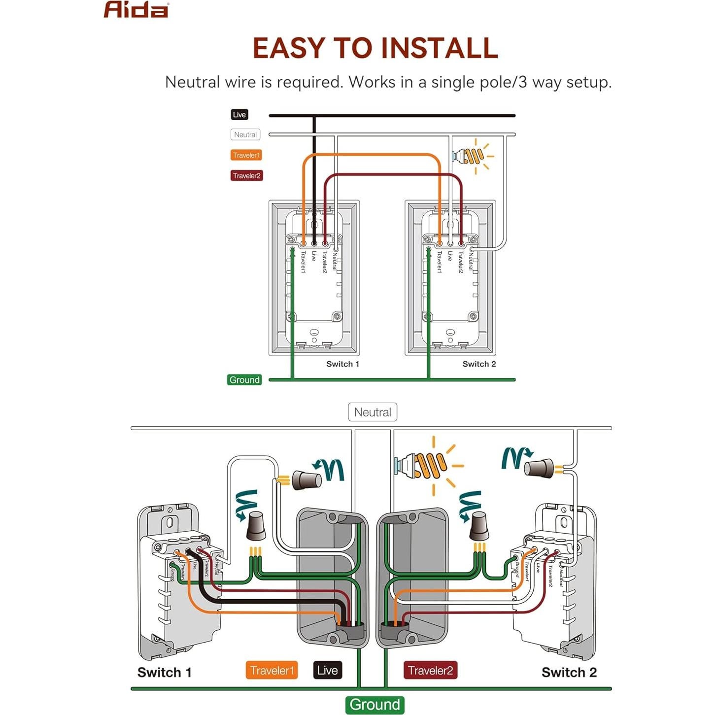 Interruptor de Luz Inteligente AIDA WiFi 3 Vías Blanco - Paquete de 3