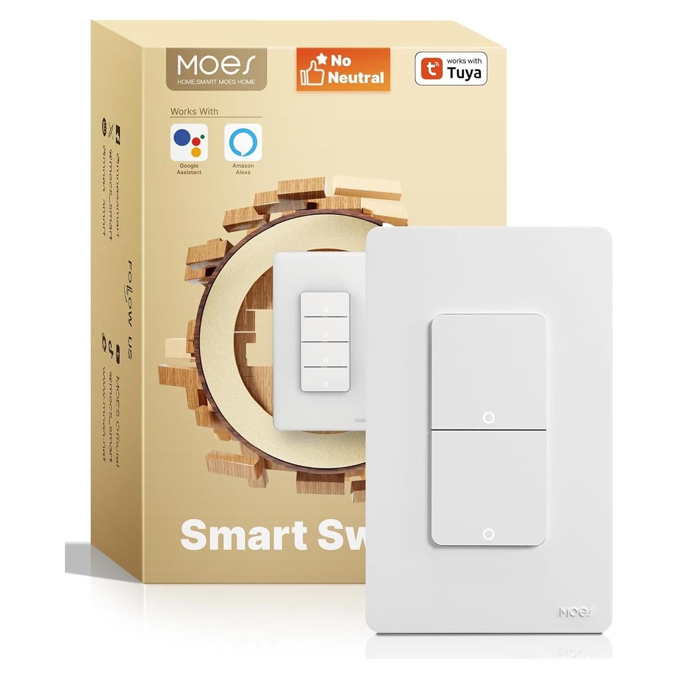 Interruptor Doble Inteligente MOES WiFi 2 Gang Sin Neutro