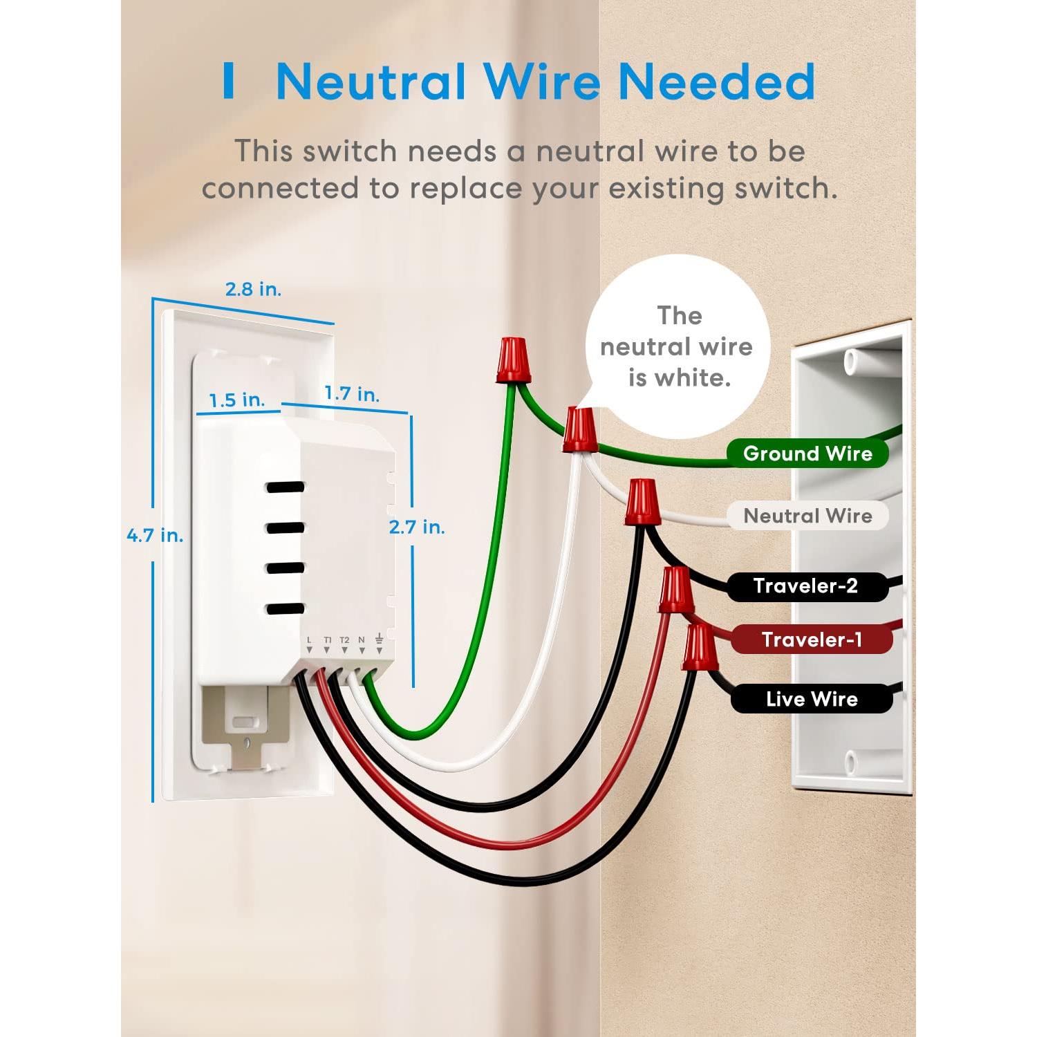 Interruptor Inteligente Meross 3 Vías WiFi 2.4GHz Control Remoto